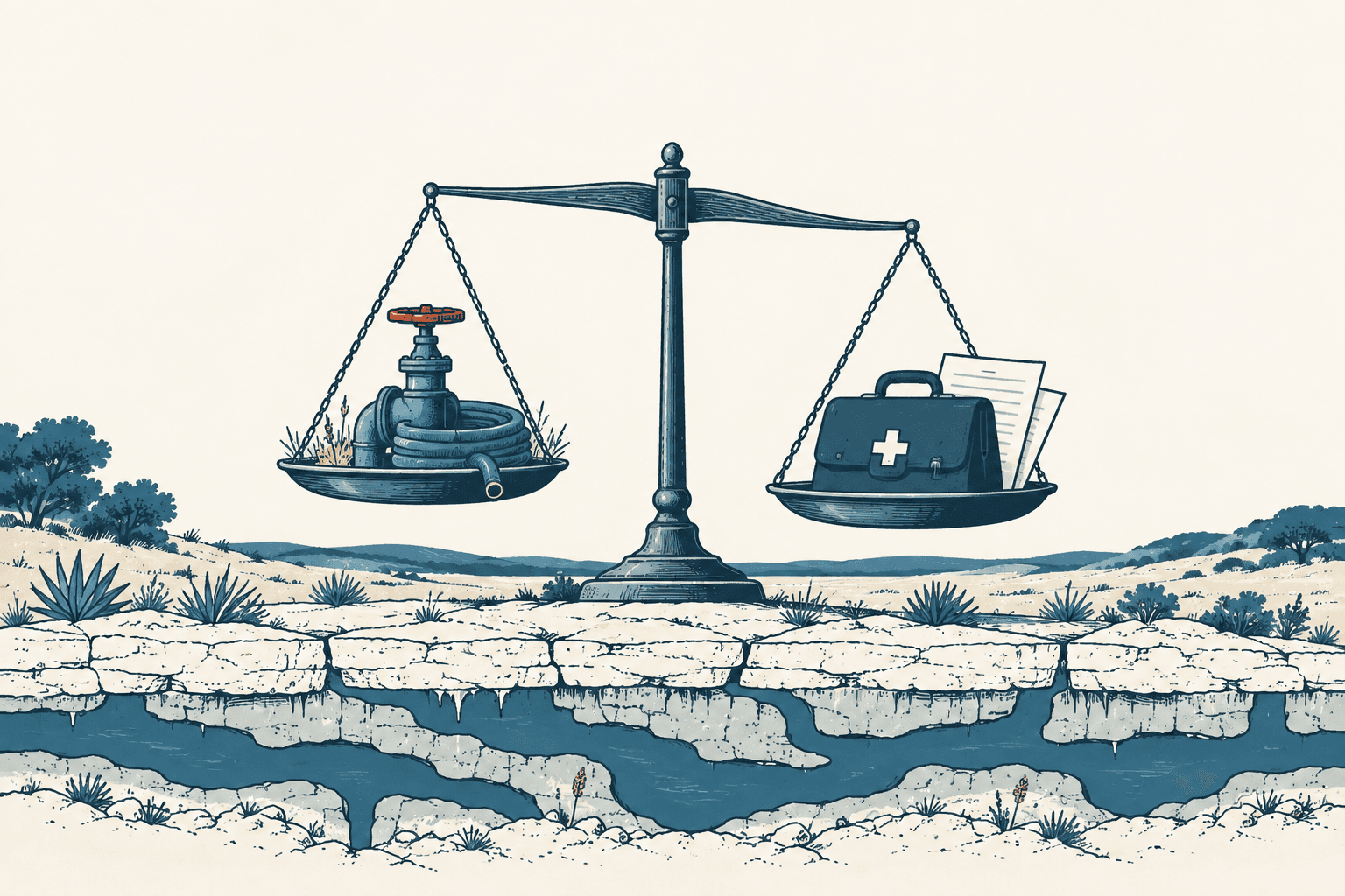 A balance scale above a cracked aquifer landscape holds irrigation equipment on one side and a medical bag with documents on the other.
