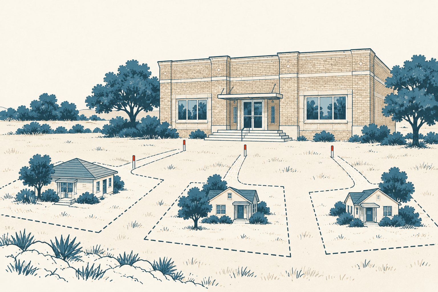 Line illustration of a large office building behind three small houses on outlined lots, with trees and shrubs.