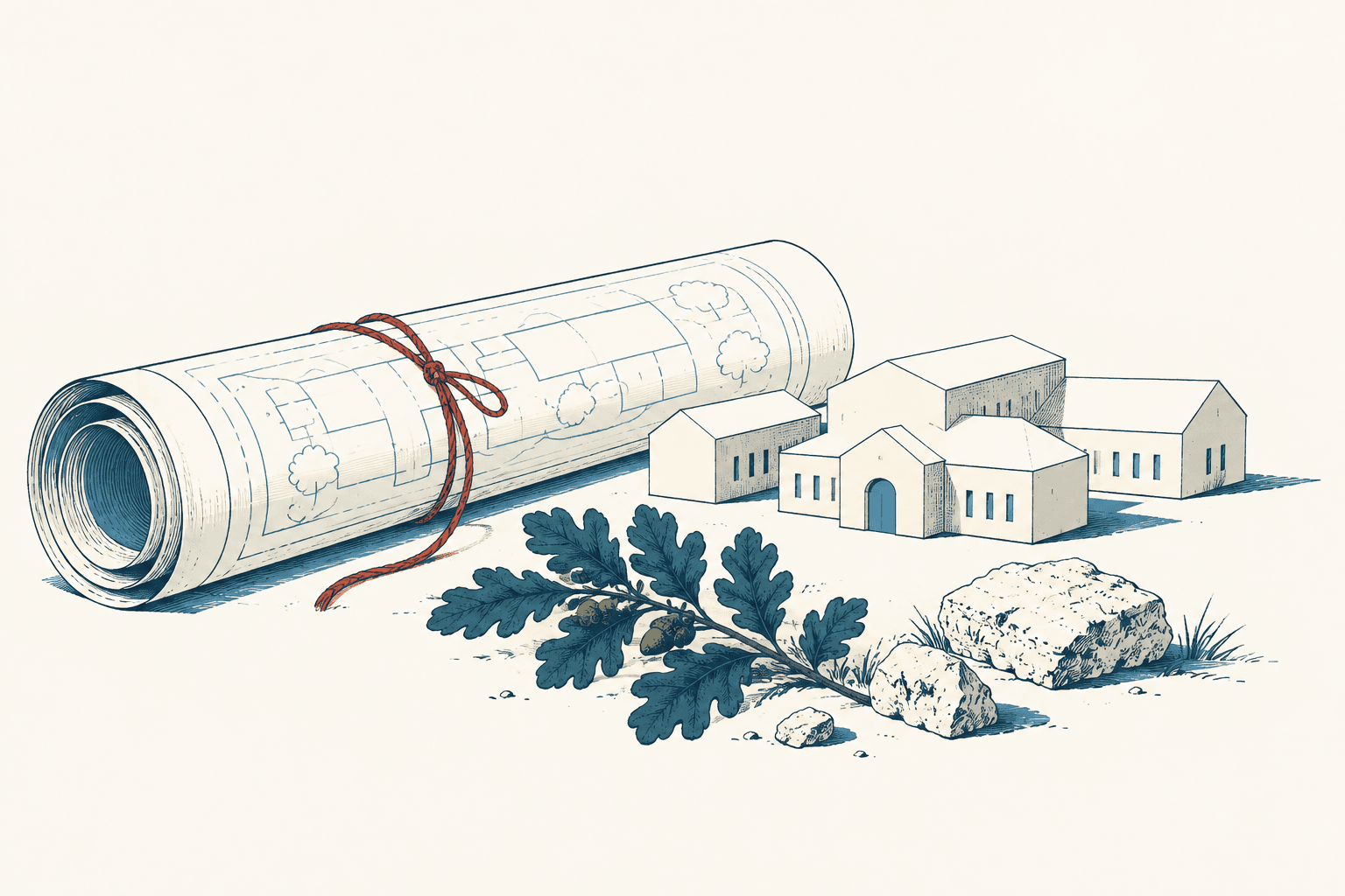 Rolled architectural site plan tied with red cord beside a cluster of conceptual buildings, an oak branch and limestone rocks.