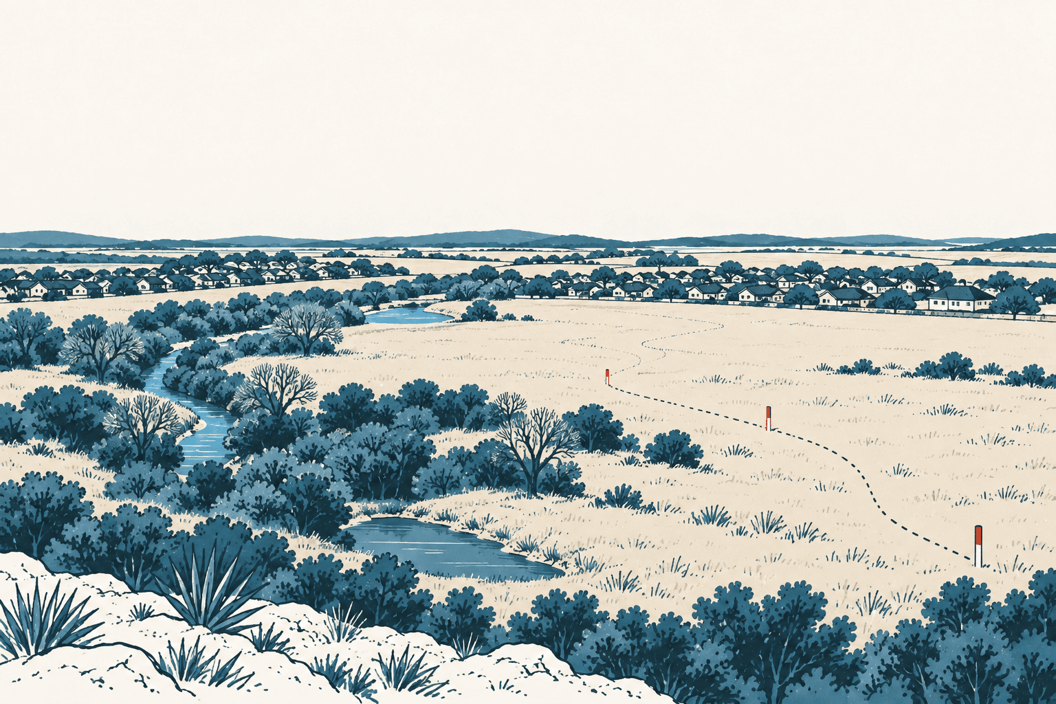 Stylized cream and muted-blue landscape showing a marked trail curving across open fields beside a tree-lined creek, with suburban homes and low hills in the distance.