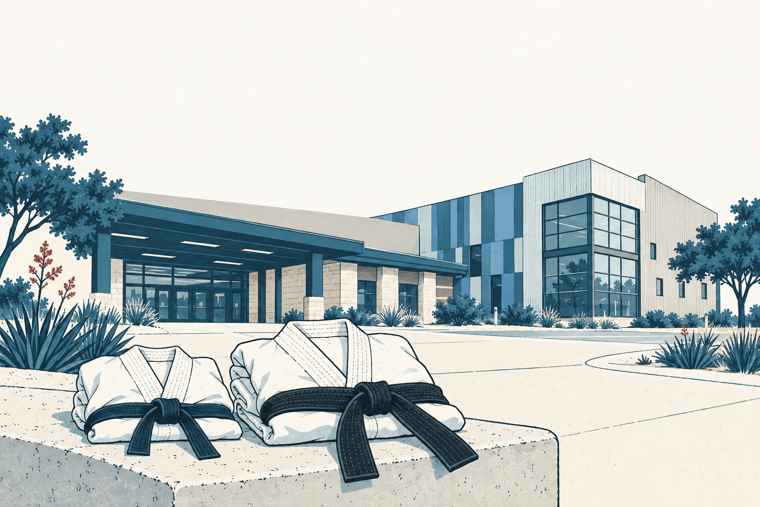 Two folded white karate uniforms with black belts rest outside a modern recreation building landscaped with native plants.