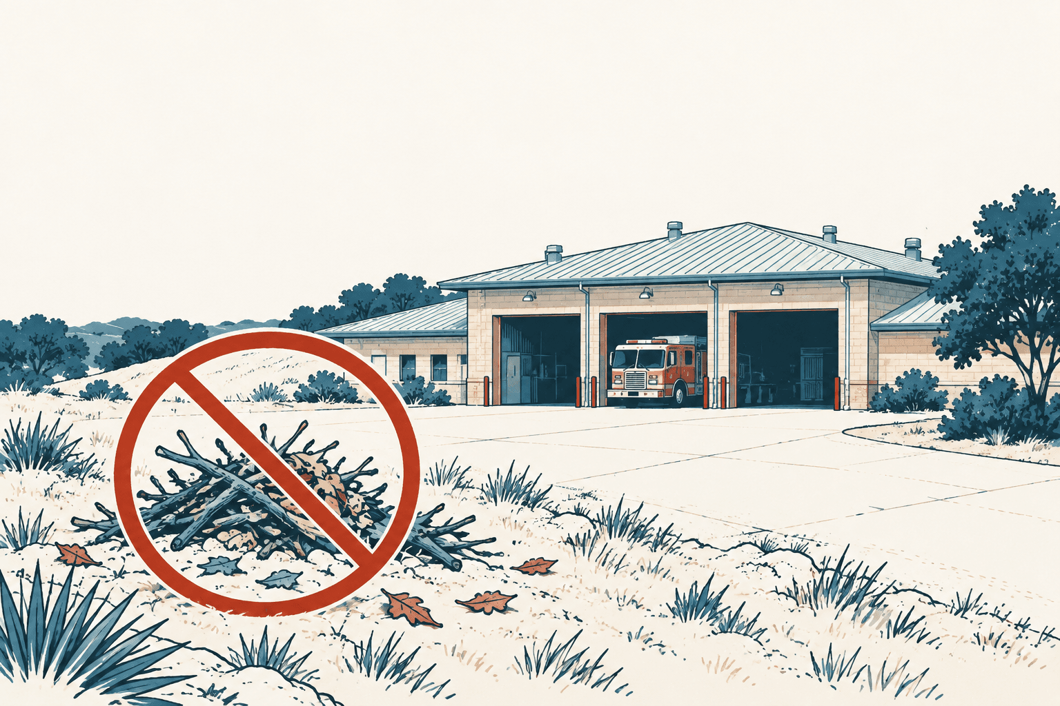 Editorial illustration of a fire station and fire engine behind a brush pile covered by a red prohibition symbol.