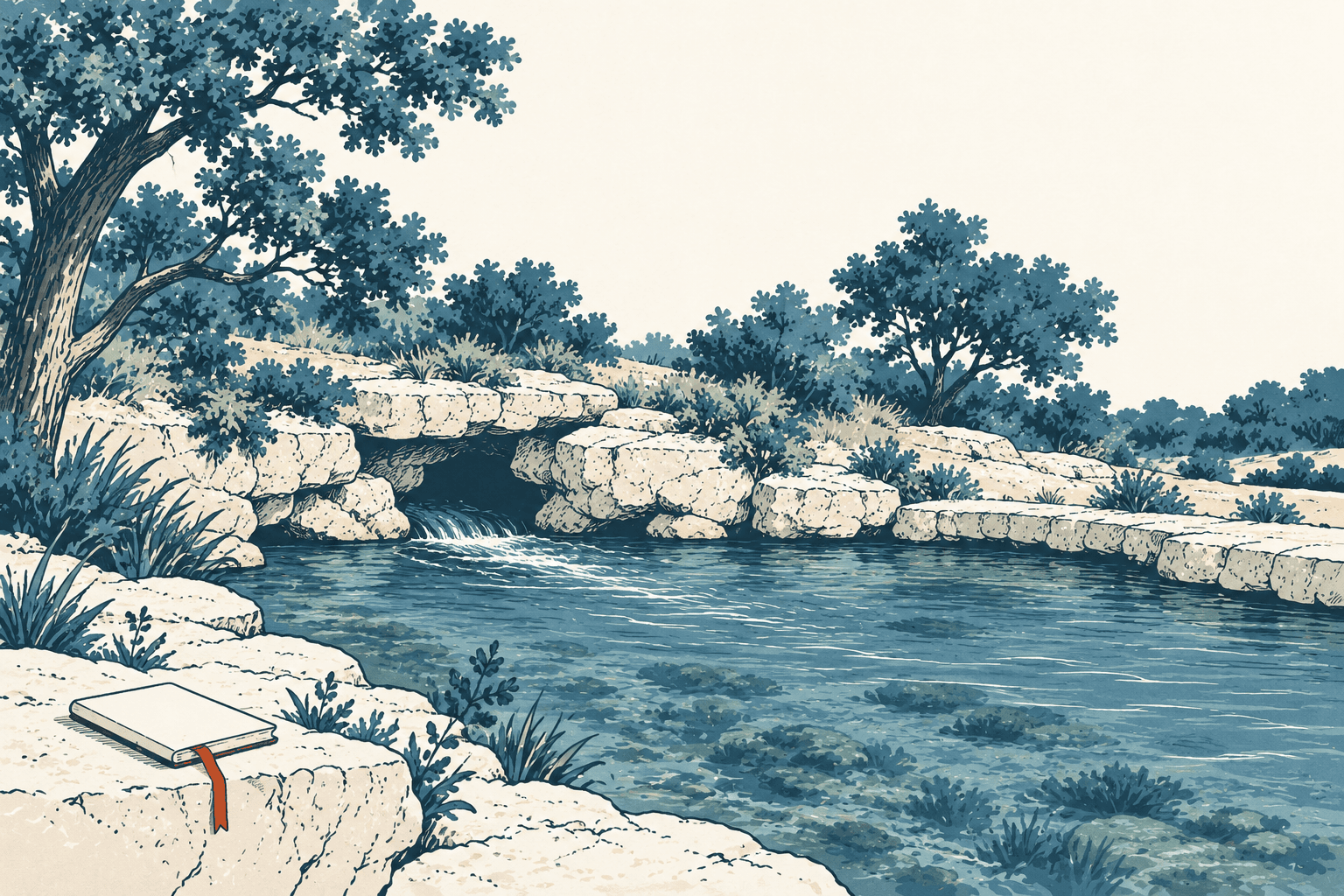 Illustrated spring-fed pool bordered by pale limestone, native plants and trees, with a closed notebook on the bank.