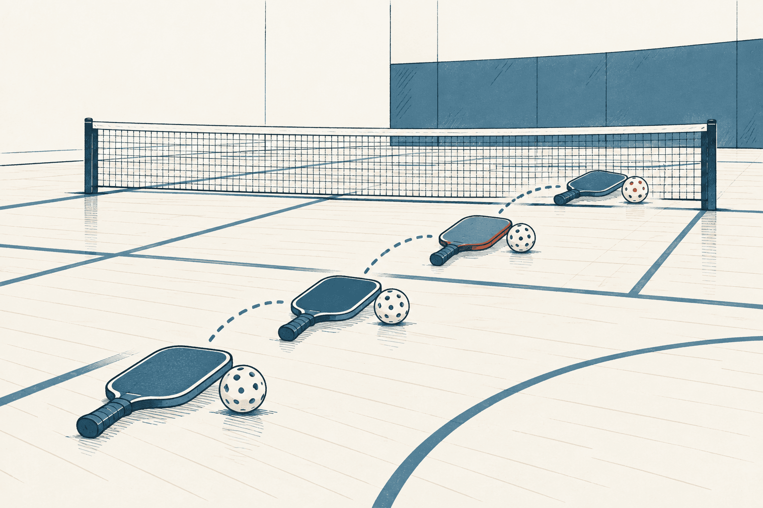 Four pickleball paddles and perforated balls follow a dotted path toward the net on an empty indoor court.
