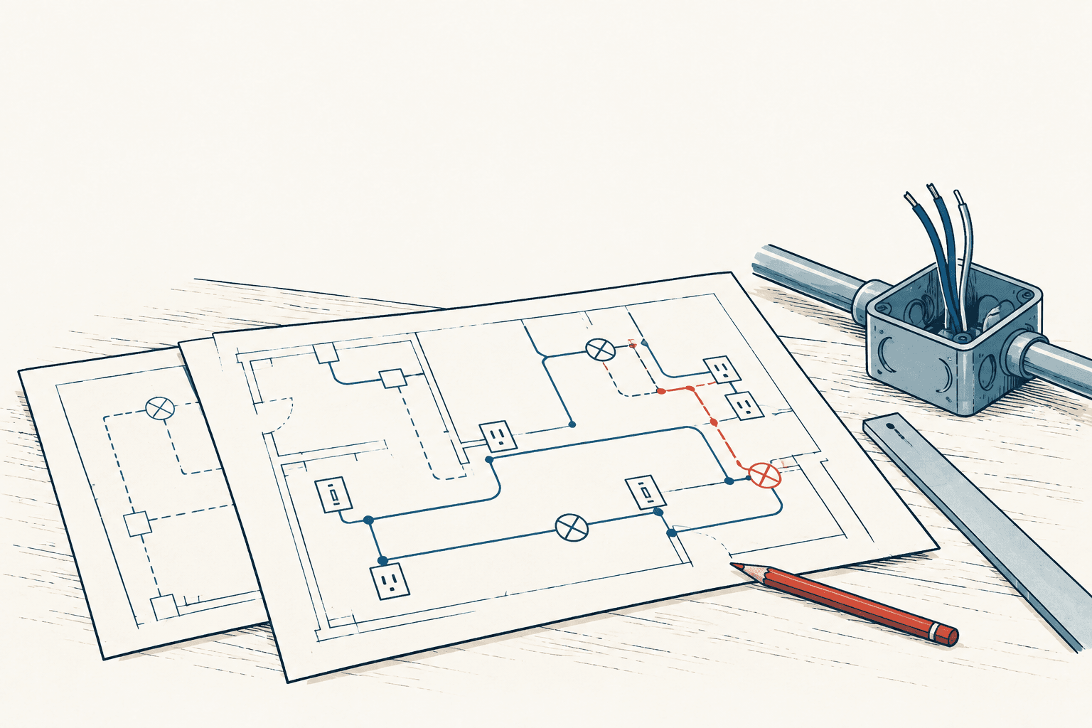 Illustrated electrical floor plans with circuit lines, outlets and light symbols beside a junction box, exposed wires, ruler and red pencil.