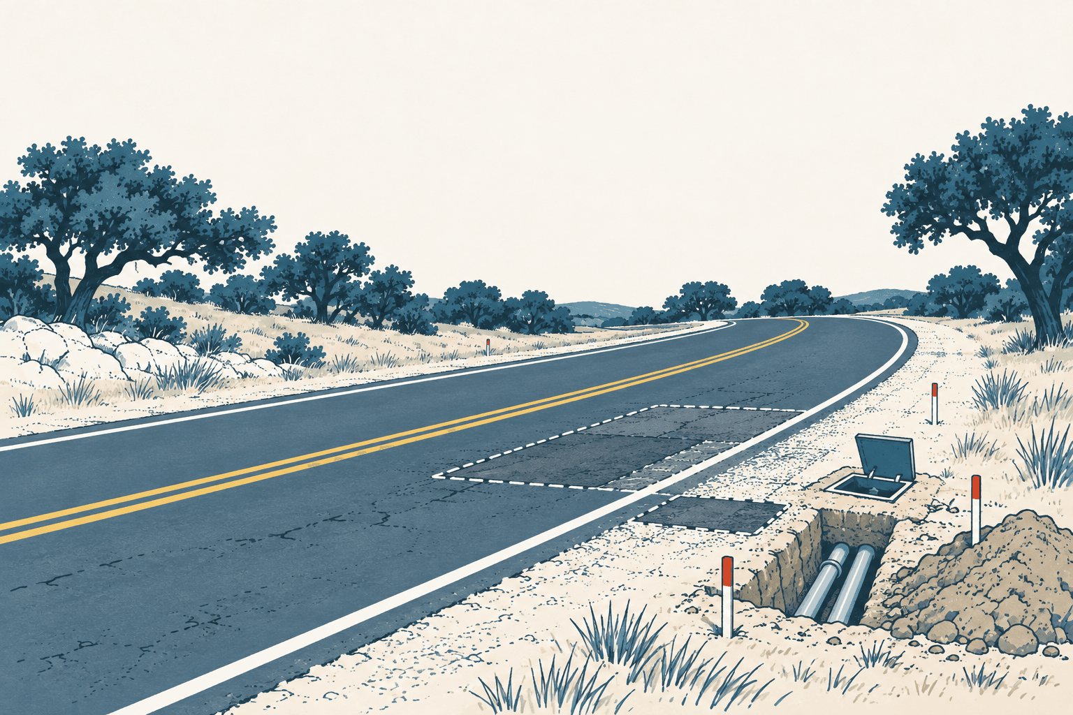 Editorial illustration of a curving rural road with patched pavement and an open utility trench containing pipes along the shoulder.