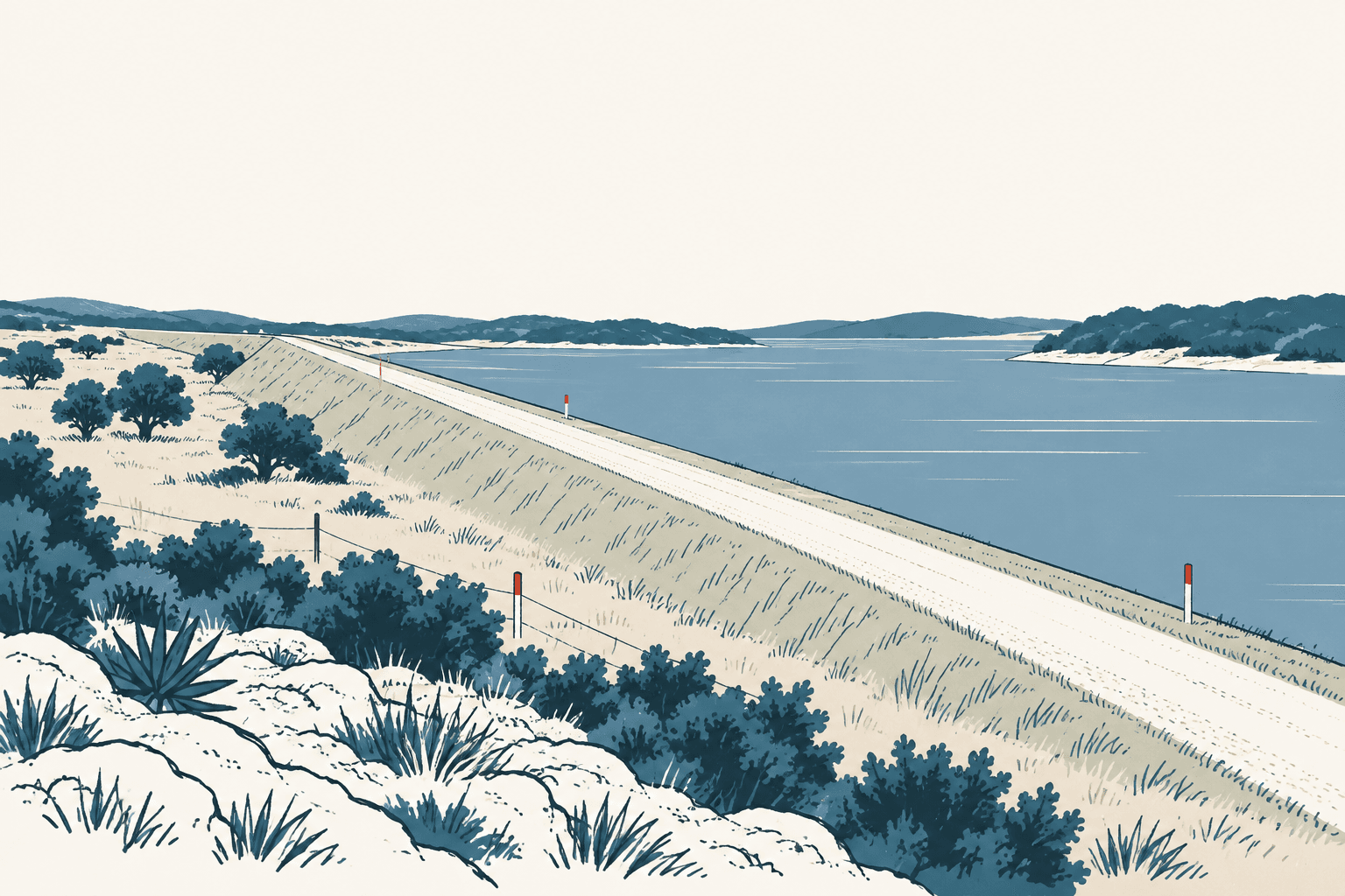 Illustration of an earthen flood-control embankment beside a reservoir in a Central Texas landscape.