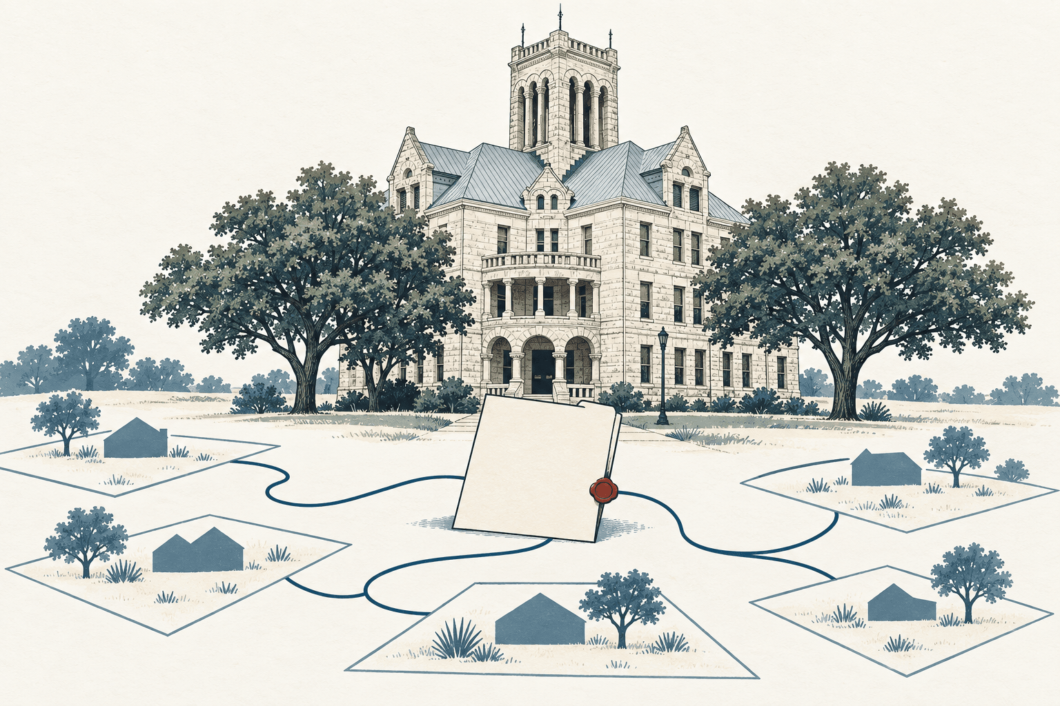 Hand-drawn cream, navy and muted-blue illustration of a county courthouse behind a sealed document linked by lines to several residential property parcels.
