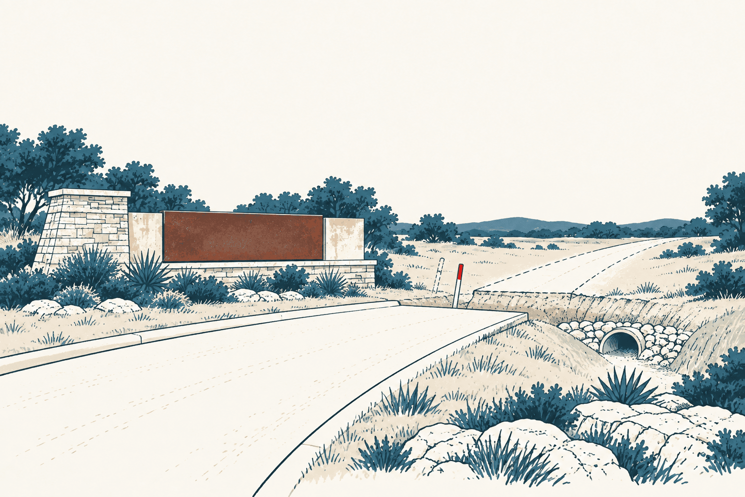 Airy cream, navy and muted-blue illustration of a rural road curving past an unsigned stone entrance monument, brush, rocks and a drainage culvert.