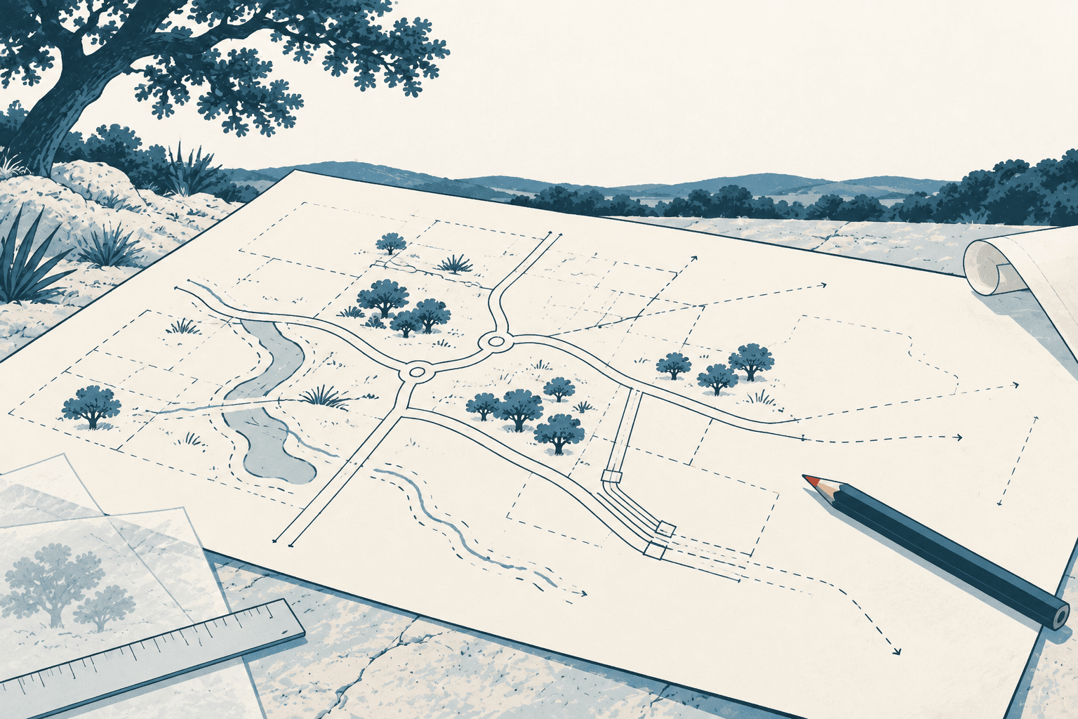 An illustrated planning map with proposed roads, parcels, waterways and trees rests beside a pencil and ruler in a muted blue Hill Country setting.