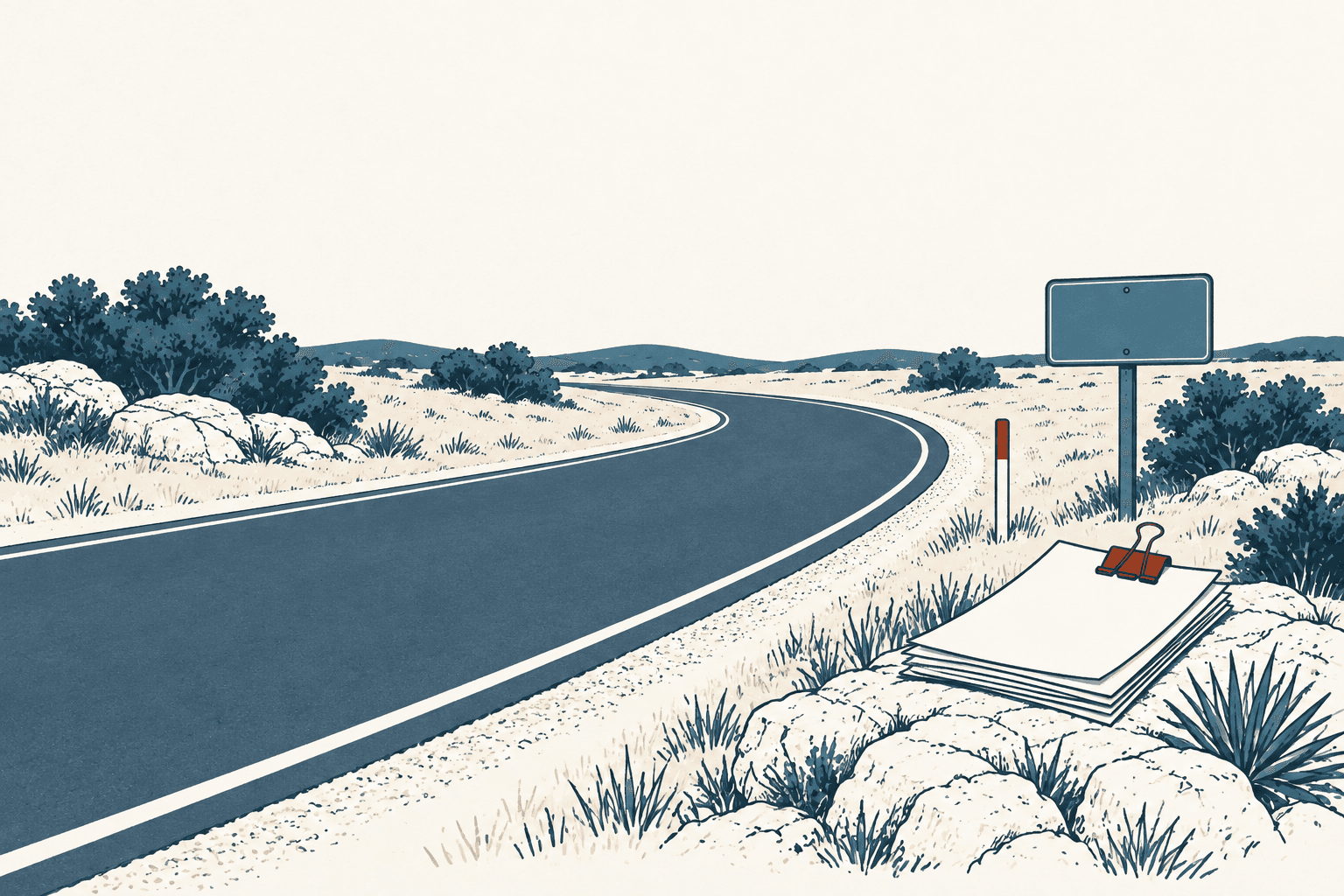 Stylized cream, navy and muted-blue illustration of a newly paved road curving through a rocky rural landscape, with a blank roadside sign and clipped documents in the foreground.