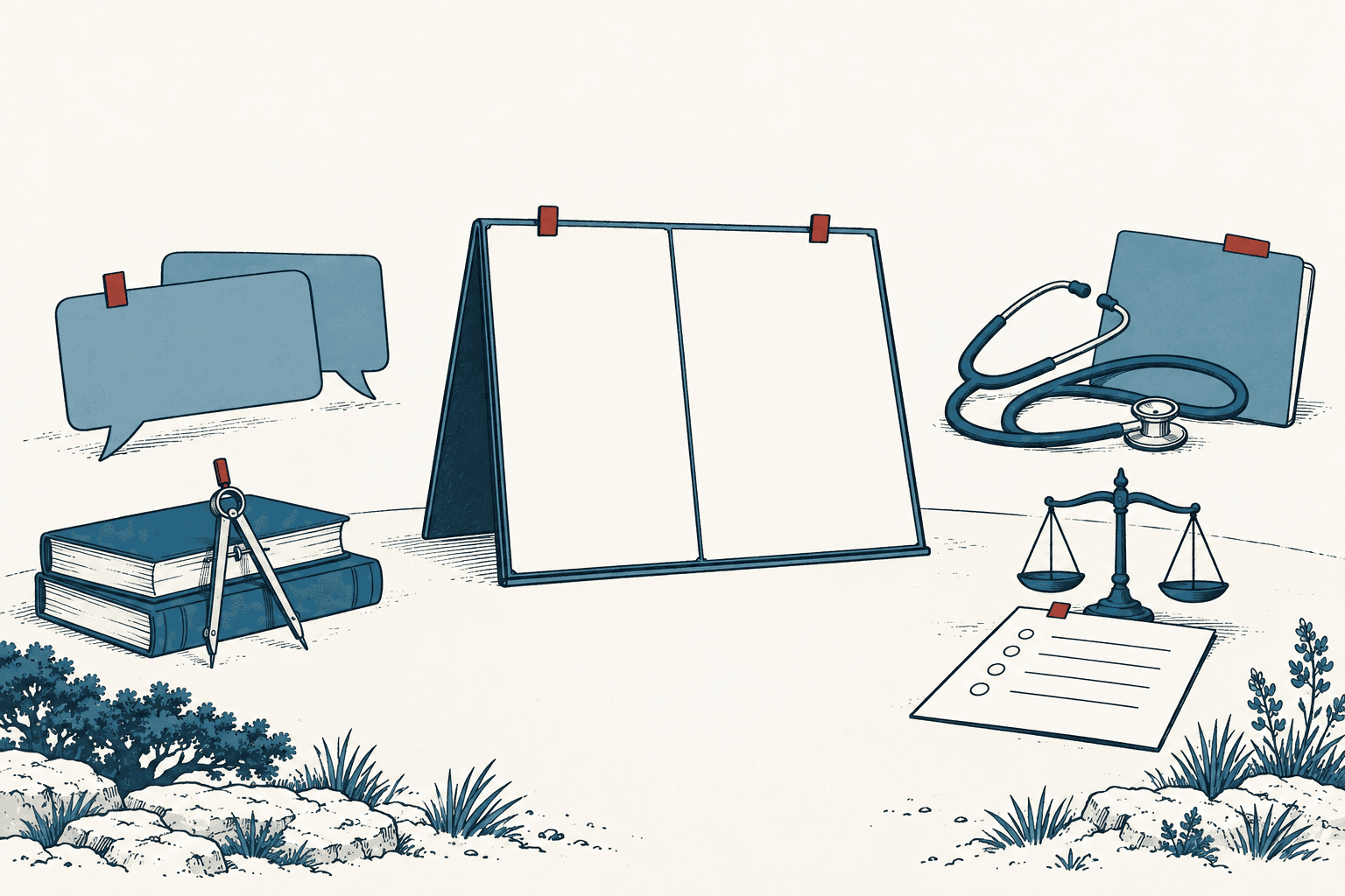 An open blank presentation board surrounded by speech bubbles, books and a compass, a stethoscope, balance scales, and a checklist in an airy cream, navy, and muted-blue illustration.