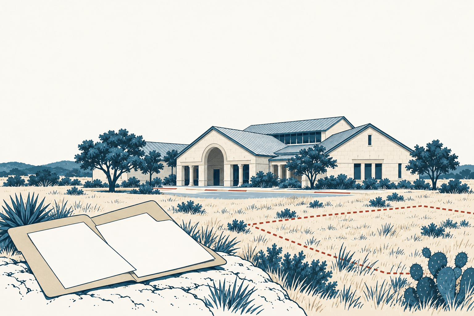 Blank papers in the foreground beside a dashed line across grassy land, with trees and a pale building beyond.