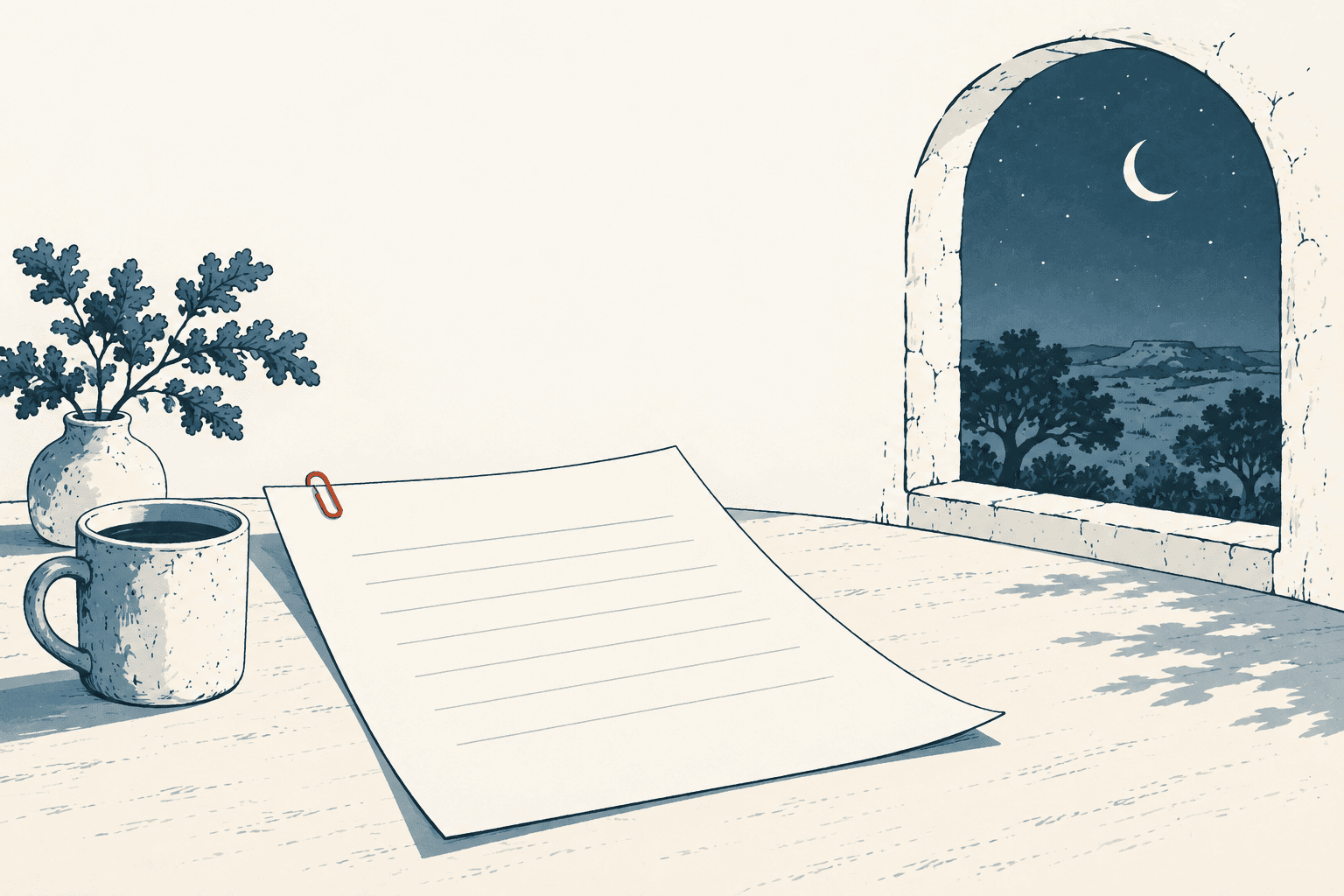 A blank lined sheet with a paper clip rests beside a mug and vase, while a crescent moon hangs over a blue landscape outside an arched window.