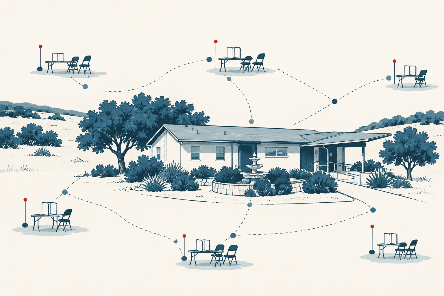 Airy cream, navy and muted-blue illustration of a county facility surrounded by connected voting tables, chairs and privacy screens.