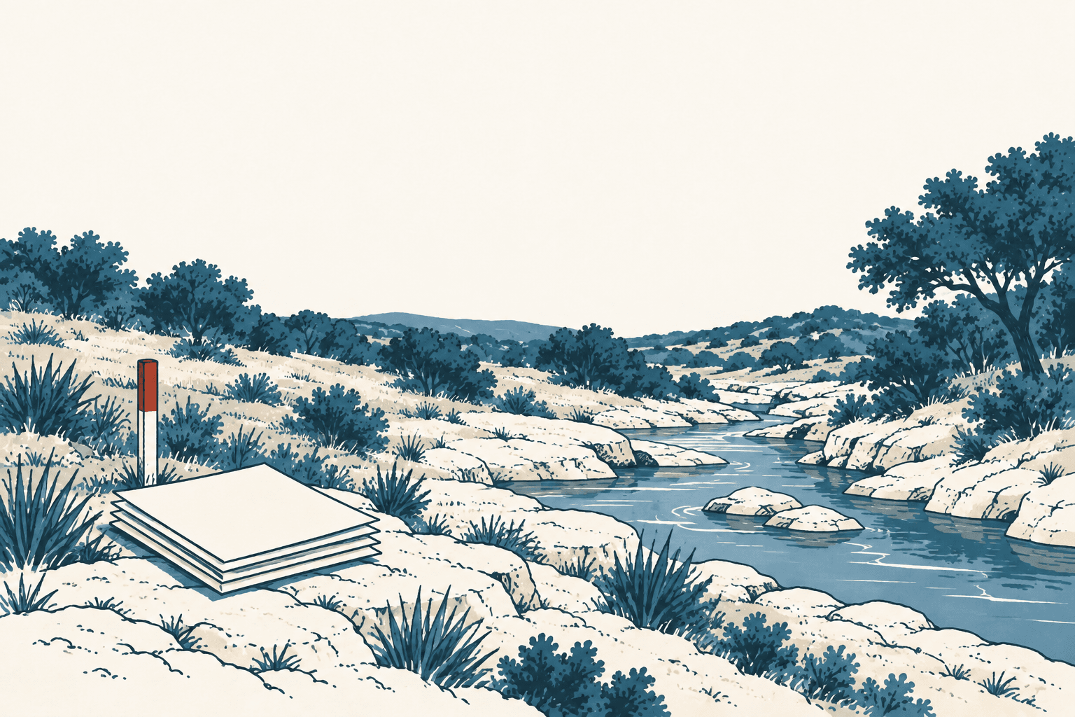 Airy cream, navy and muted-blue illustration of a rocky Hill Country creek, native vegetation, a survey marker and a stack of documents.