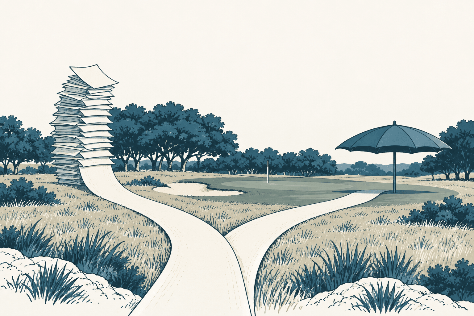 An airy cream and muted-blue illustration of a forked path on a golf course, with a tall stack of papers on one side and a large umbrella beside the green on the other.