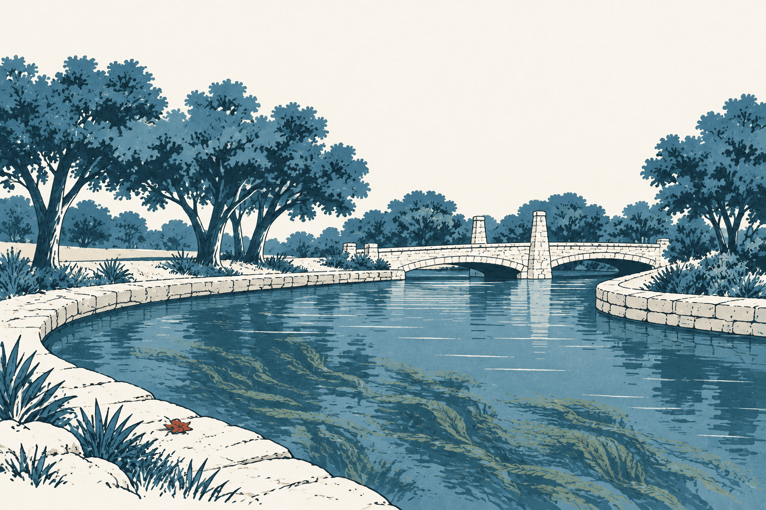 Muted blue illustration of a tree-lined river with submerged aquatic plants, pale stone banks and a small bridge in the distance.