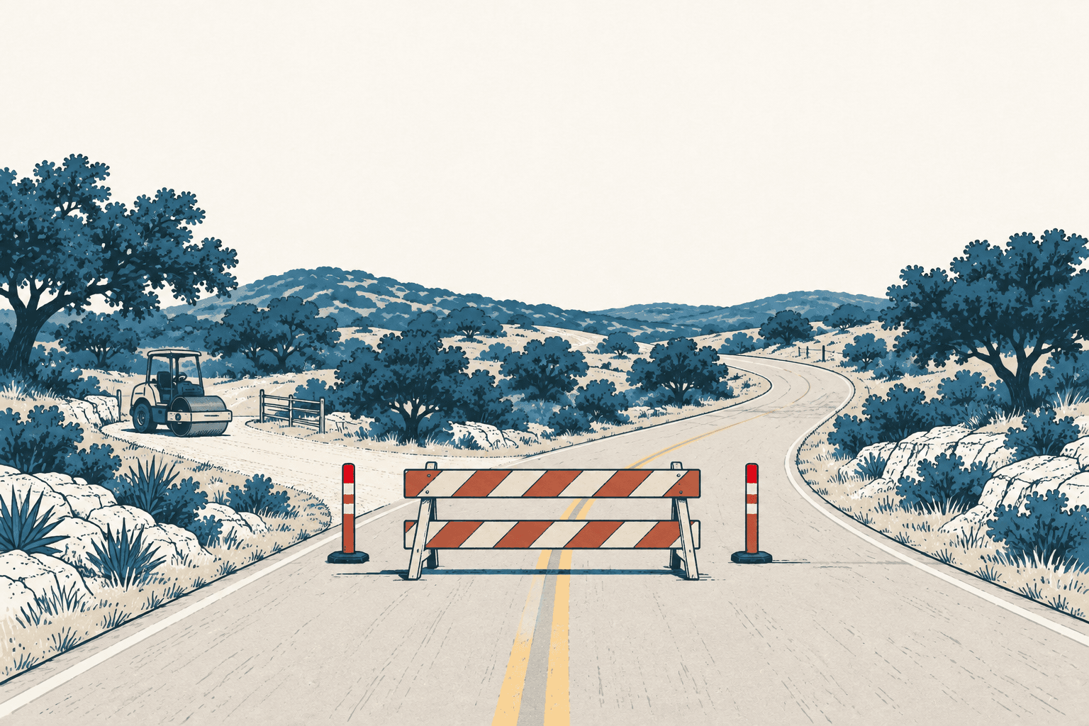 Illustrated road barricade and traffic cones blocking a winding rural road, with a maintenance roller beside the roadway.