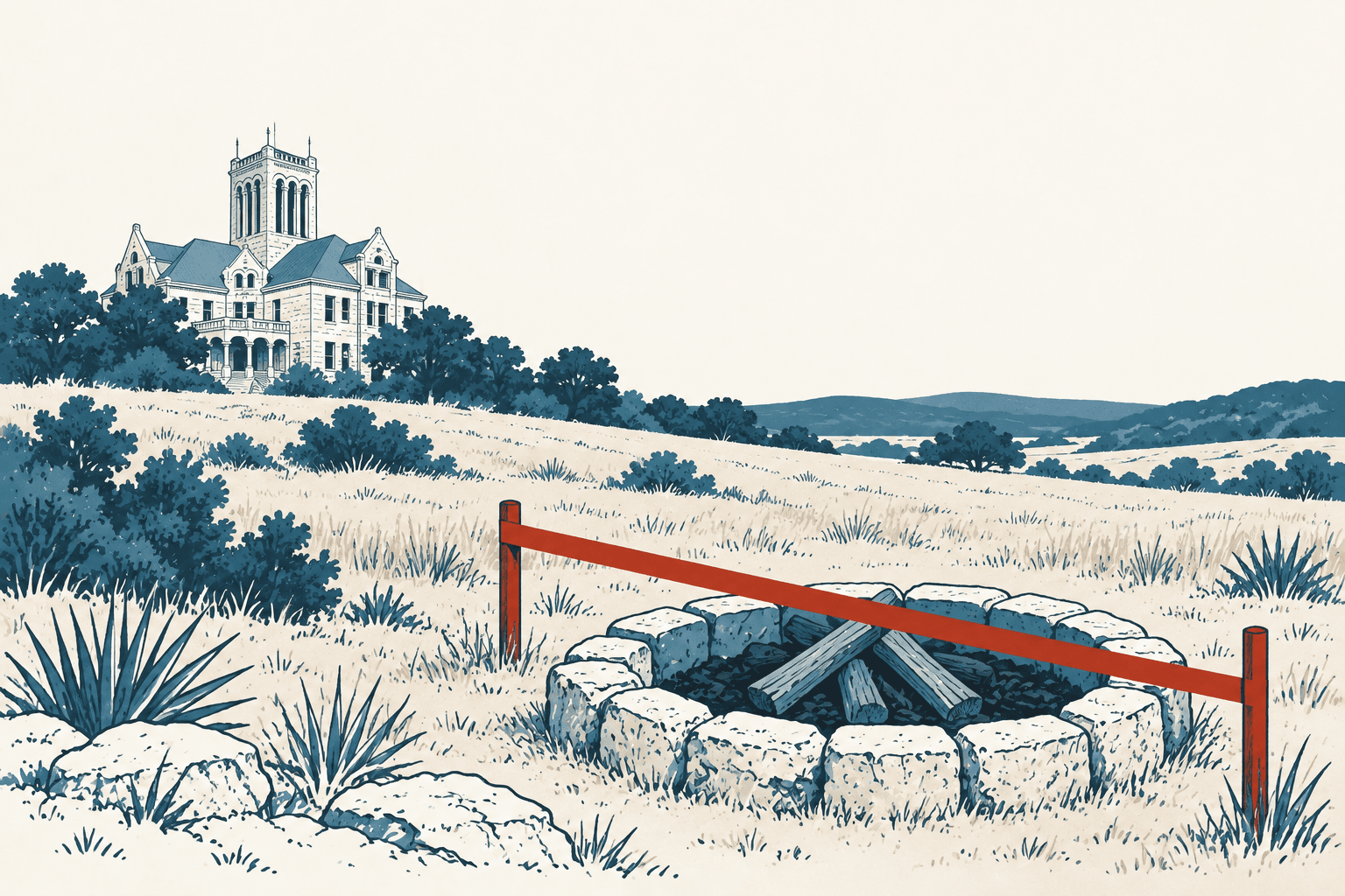 An unlit stone fire pit blocked by a red barrier stands in dry grassland, with a county building and blue hills in the distance.