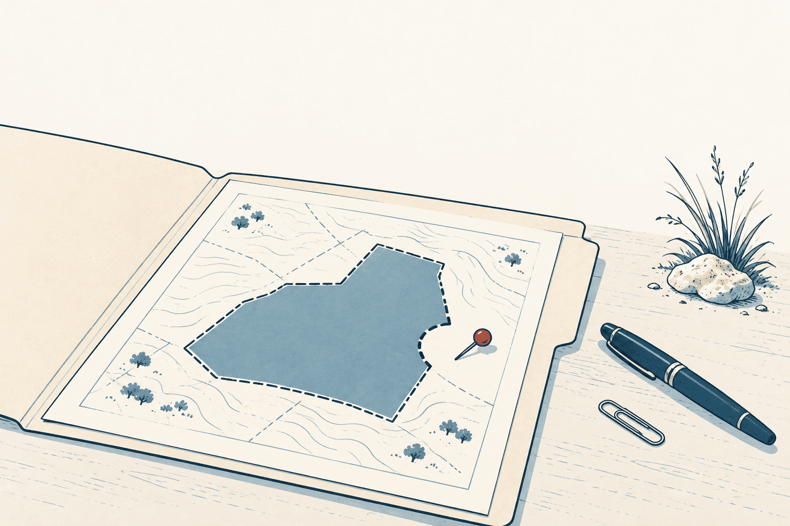 Stylized overhead illustration of a folder holding a map with a large outlined parcel and red location pin, beside a pen and paper clip.