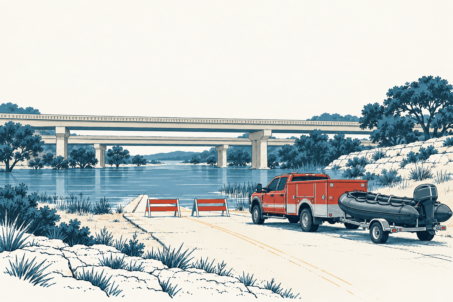 Airy cream, navy and muted-blue illustration of floodwater covering a road beneath highway bridges, with barricades, an emergency truck and a rescue boat nearby.