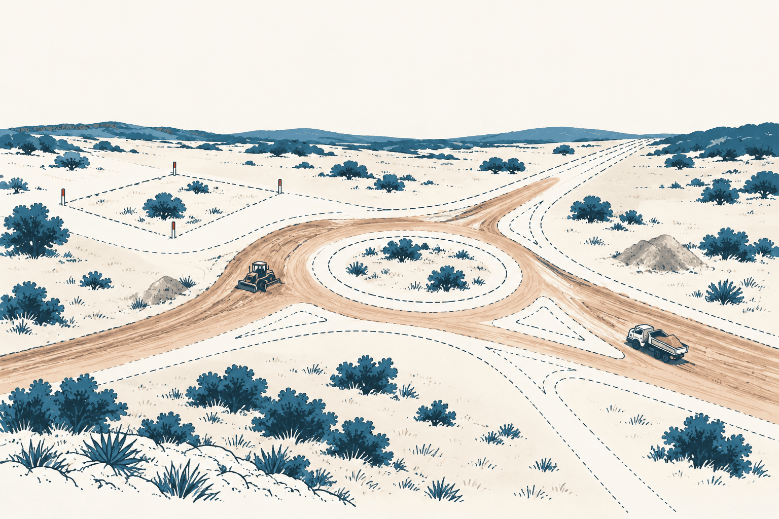 Airy cream-and-blue illustration of a roundabout under construction in scrubland, with a bulldozer, dump truck and dashed planning lines.