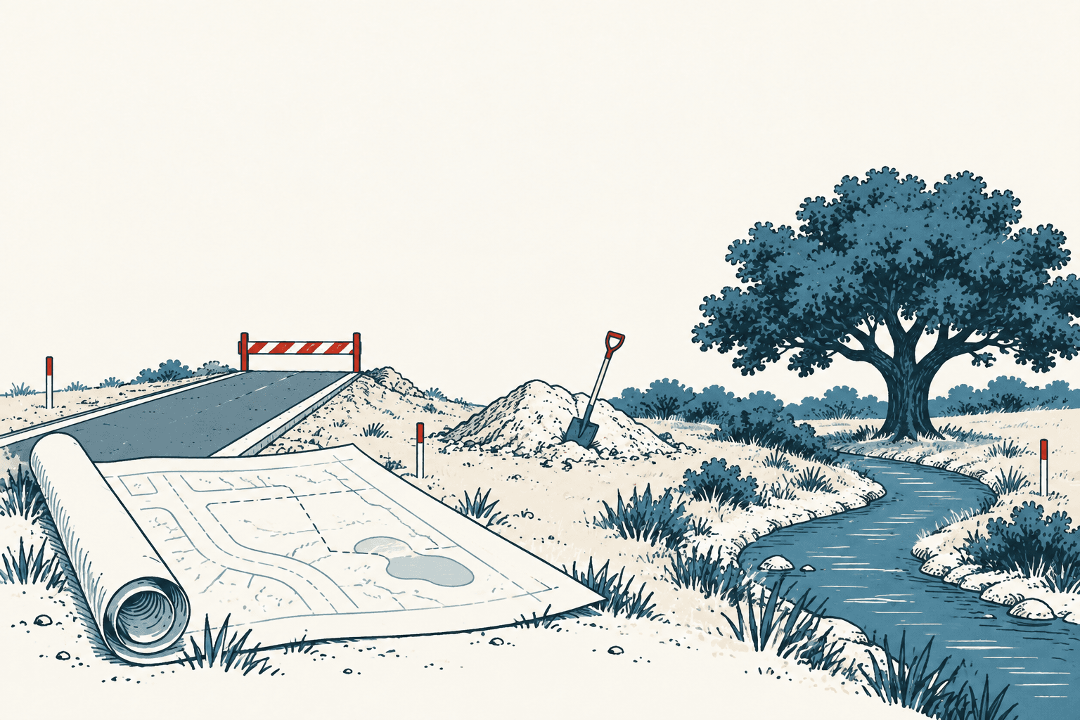 An illustrated site plan lies beside a barricaded unfinished road, dirt piles and a shovel near a winding creek and large tree.