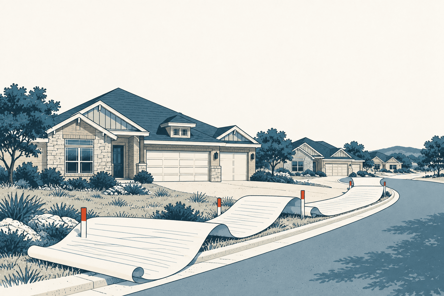 Stylized cream, navy and muted-blue illustration of large paper rolls unfurling beside homes on a curving suburban street.
