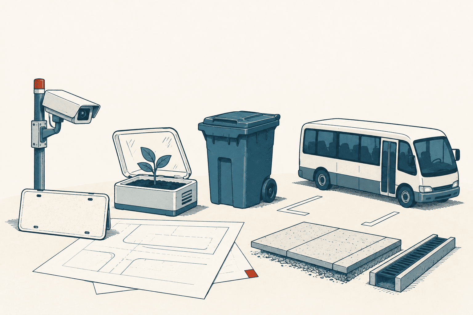 Editorial illustration of a surveillance camera, open laptop with a plant, trash cart, passenger shuttle, parking markings, sidewalk plans, concrete slabs and a storm drain on a cream background.
