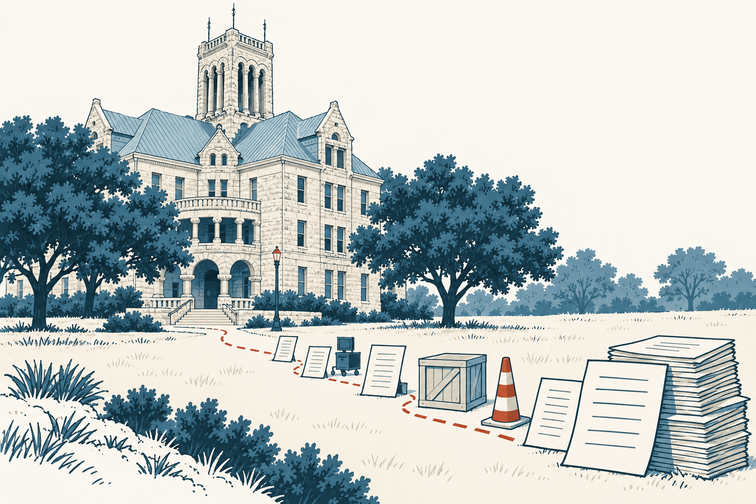 Stylized cream and navy illustration of a county courthouse with a dotted path connecting documents, equipment, a crate, a traffic cone and a large stack of paperwork.