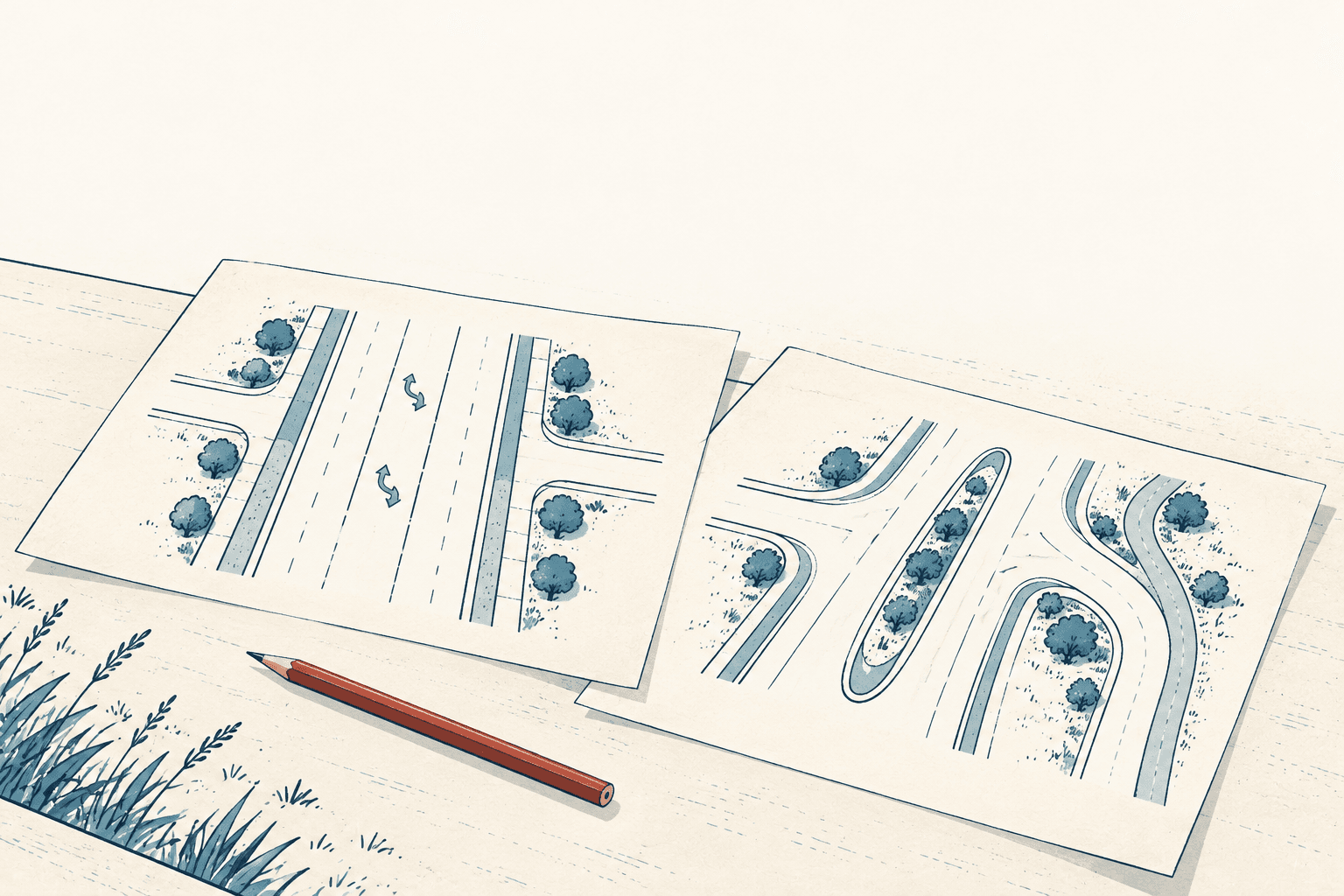 Two overlapping road plan drawings with turn arrows, sidewalks, trees and medians sit beside a rust-colored pencil.