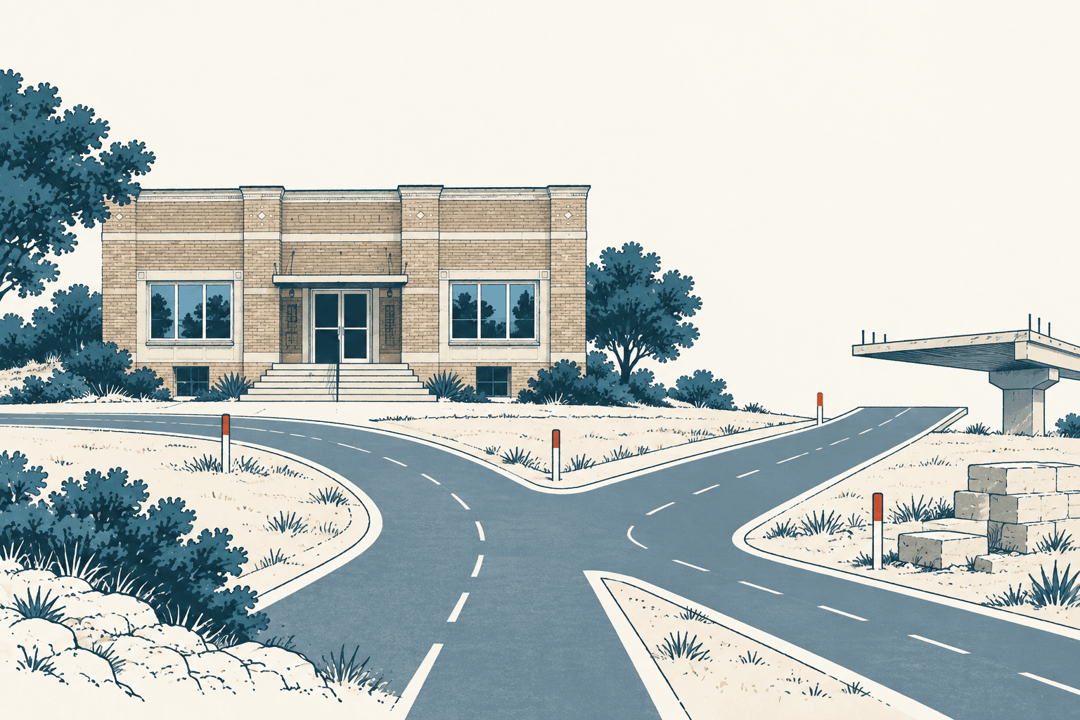 Editorial illustration of branching roads leading toward a civic building and an unfinished overpass amid sparse Hill Country vegetation.