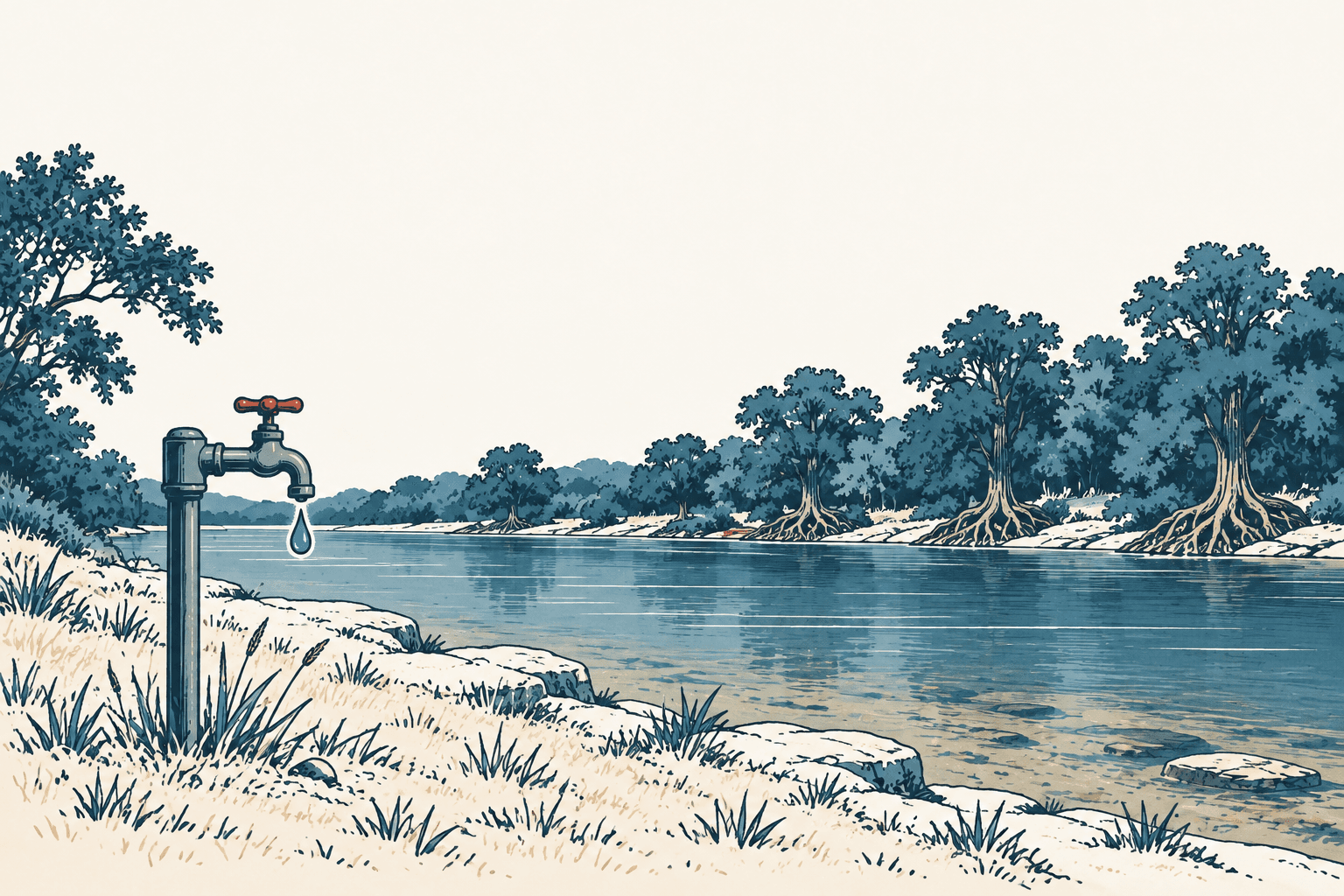 A single drop falls from a faucet beside a blue river, with pale grass and trees along its banks.