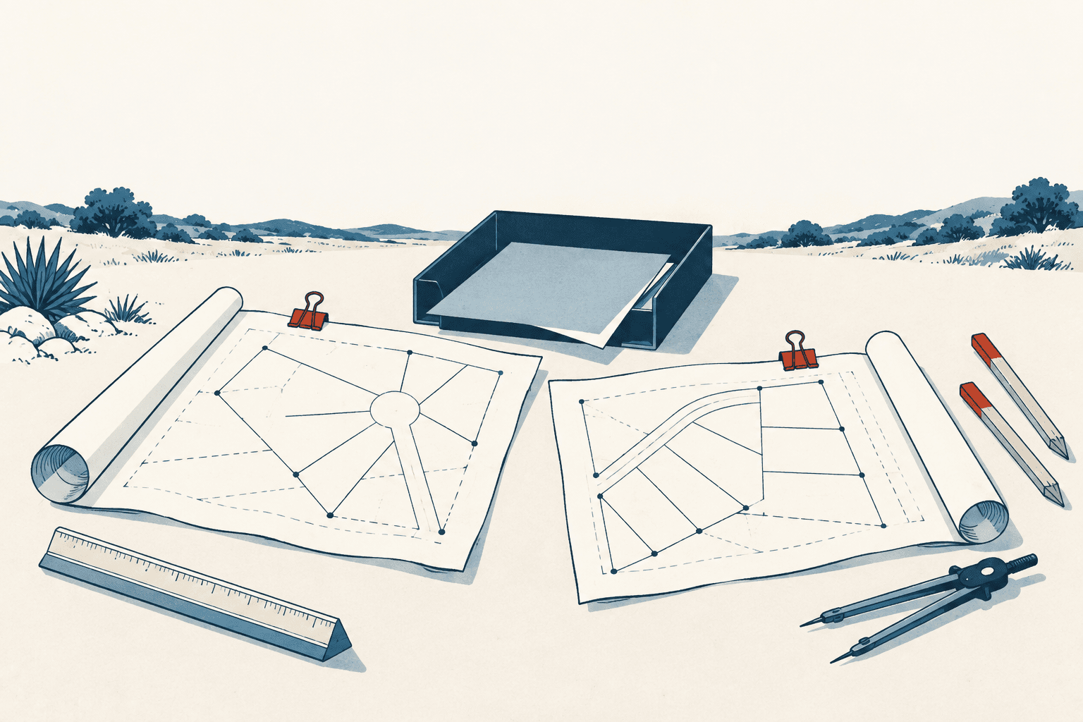 Stylized cream, navy and muted-blue illustration of two plat drawings spread across a drafting table with rulers, pencils, a compass and an inbox, set against low Texas hills.