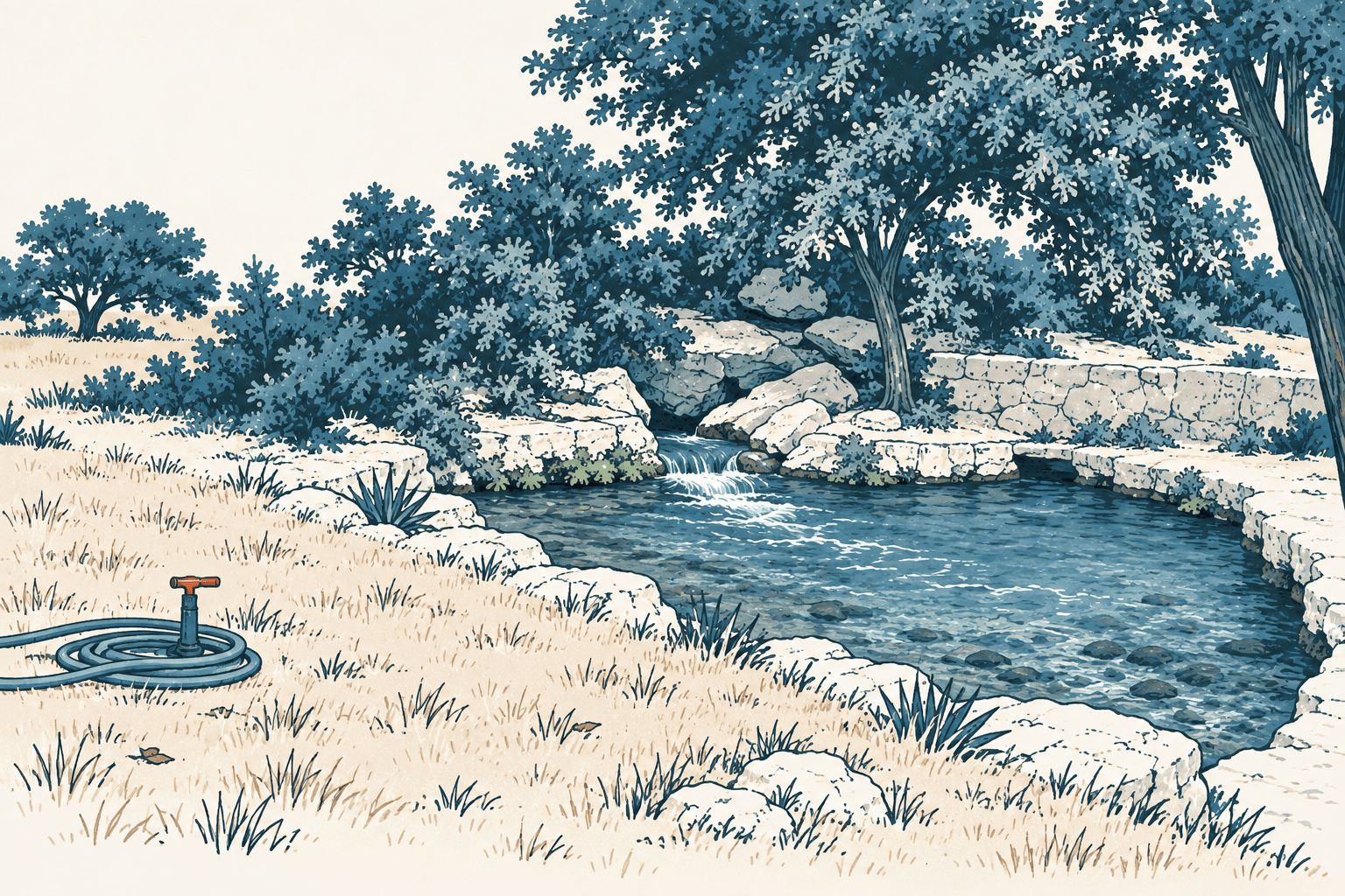 Editorial illustration of a coiled hose on dry, brown grass beside a tree-lined stone pool, rendered in cream, navy and muted blue.