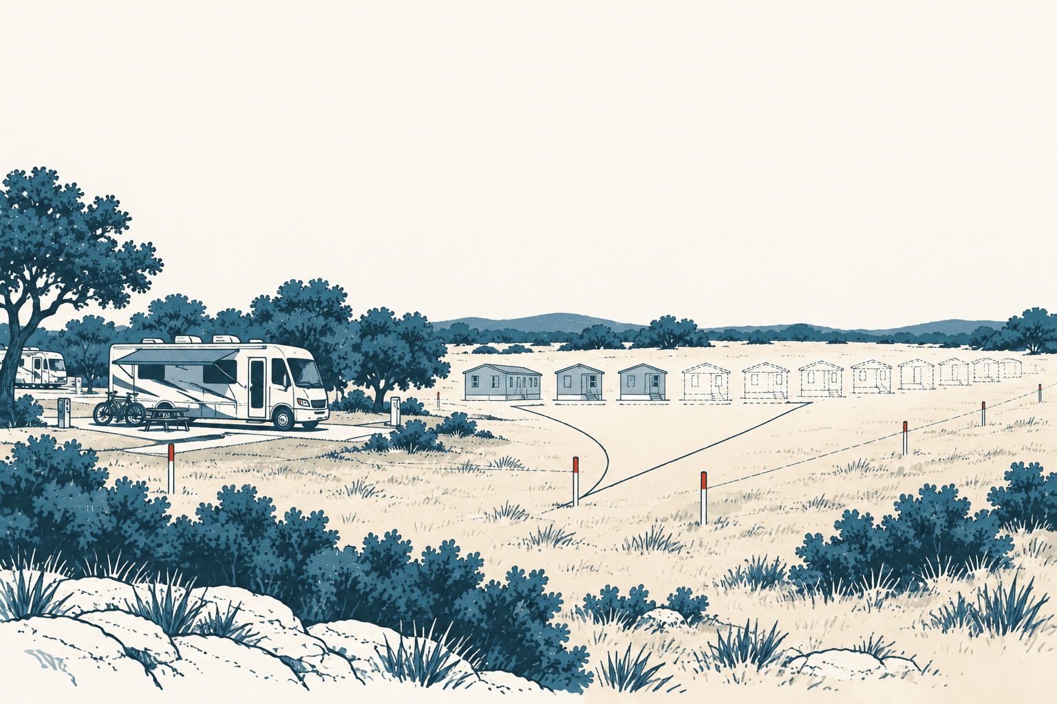Airy cream and muted-blue illustration of a Hill Country RV park with a motorhome, winding road and a row of planned manufactured homes shown in solid and dashed outlines.