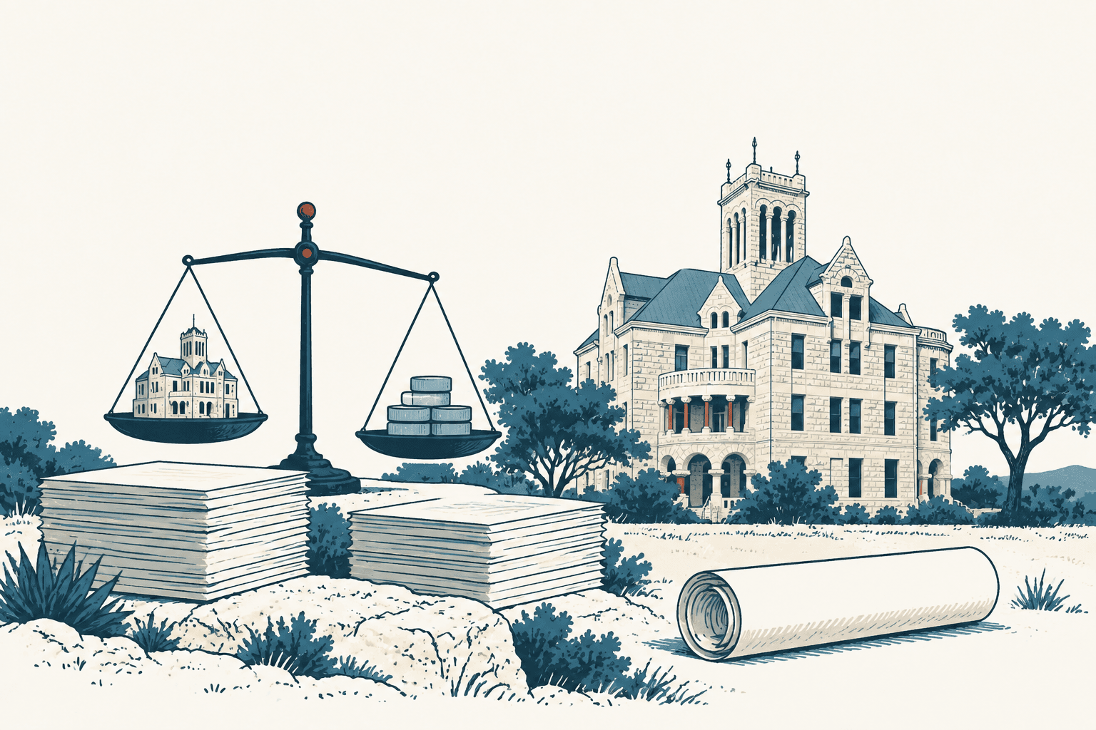Stylized cream, navy and muted-blue illustration of a county courthouse beside a balance scale holding a small civic building and stacked coins, with piles of documents and a rolled paper in the foreground.