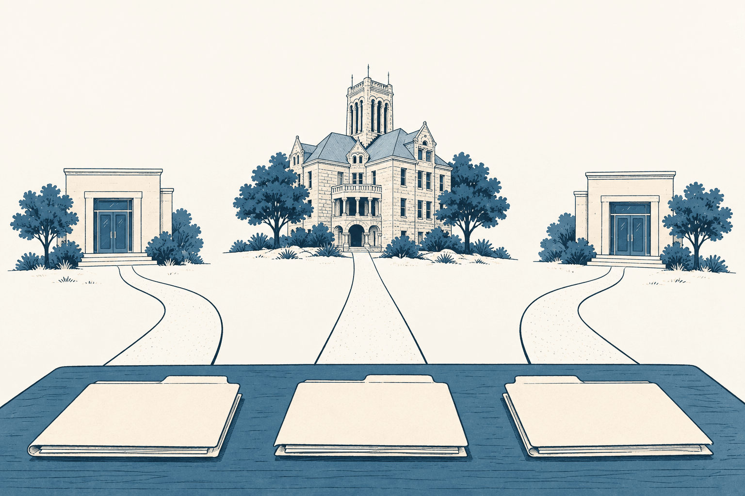 Three blank folders on a blue table, with paths leading to a central courthouse and two smaller buildings.
