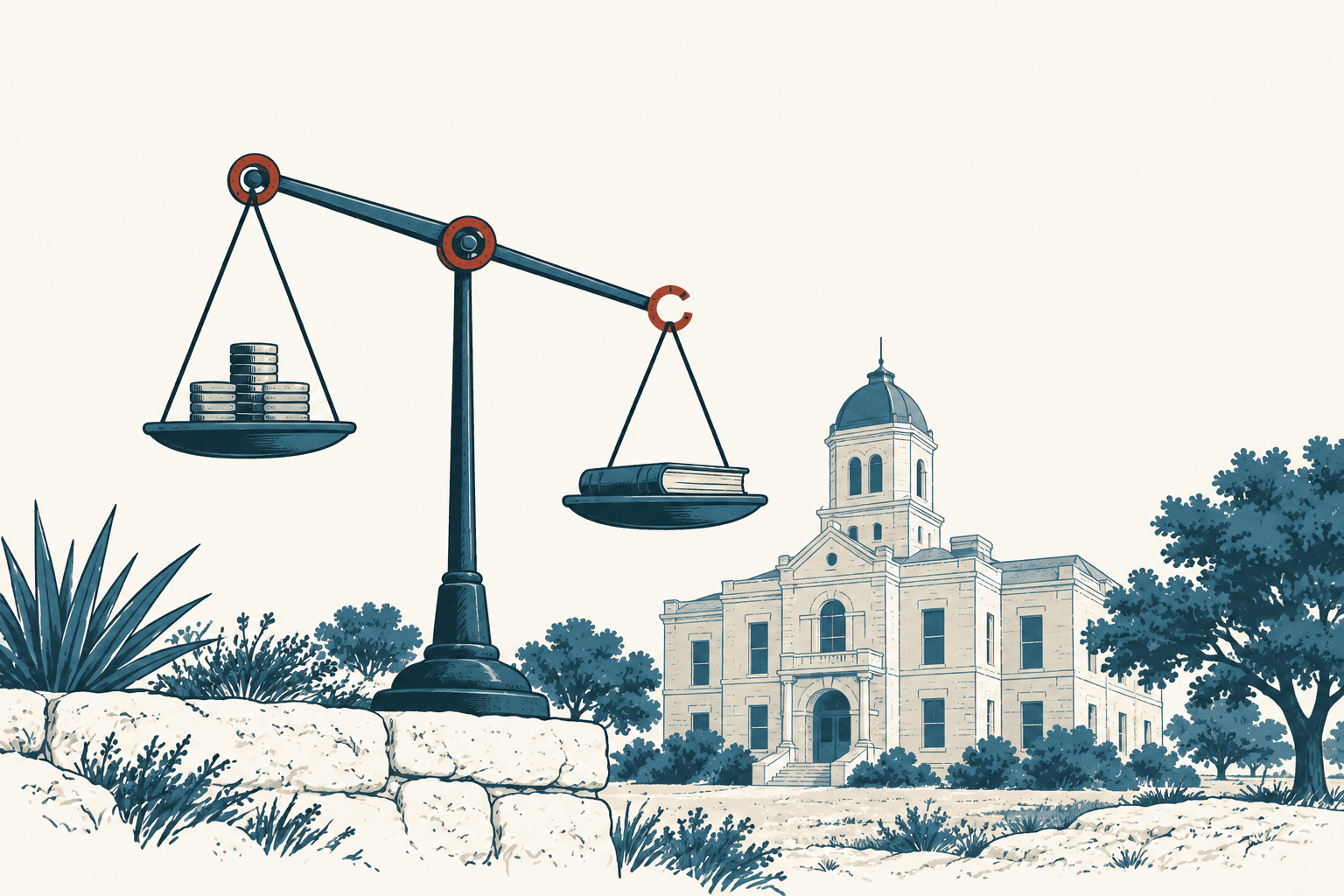 Stylized cream, navy and muted-blue illustration of a balance scale holding stacked coins and a closed book, with a county courthouse in the background.