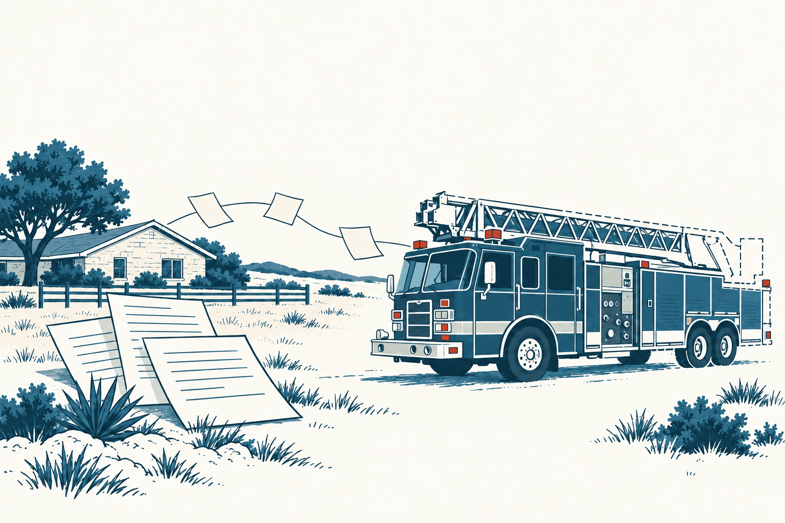 Stylized navy and muted-blue illustration of a ladder fire truck beside scattered documents and a rural home on a cream background.
