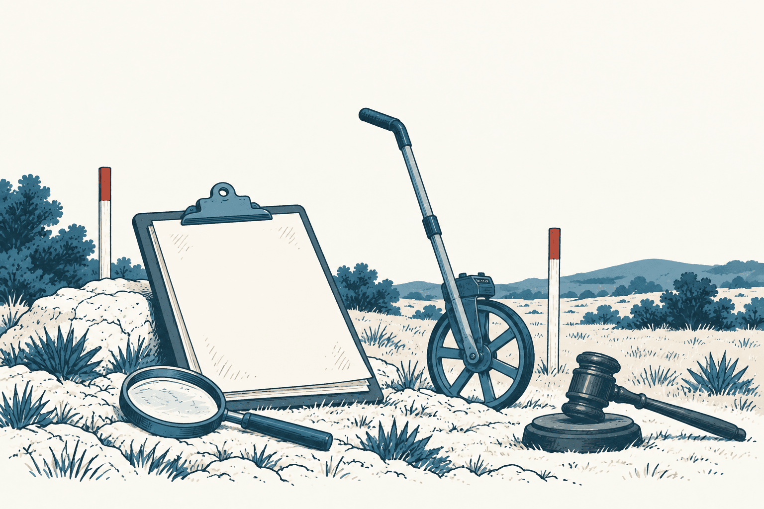 An empty clipboard, magnifying glass, measuring wheel and judge’s gavel rest in a rural field marked by survey stakes.