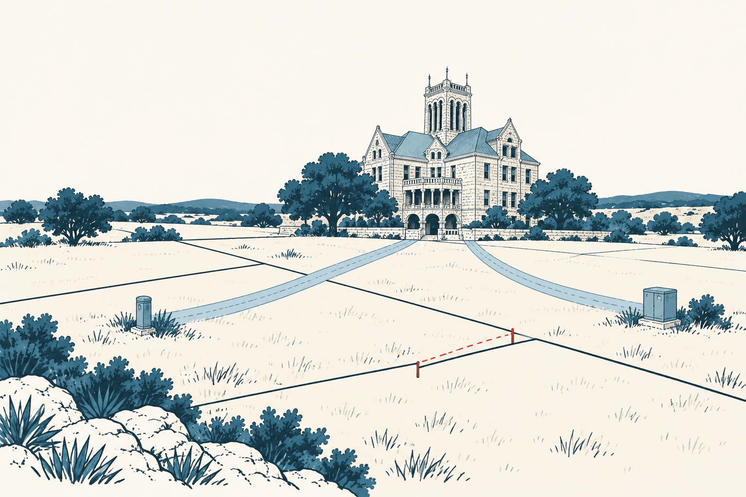 Airy cream, navy and muted-blue illustration of a county building beyond open land marked with property lines, utility boxes and red survey stakes.
