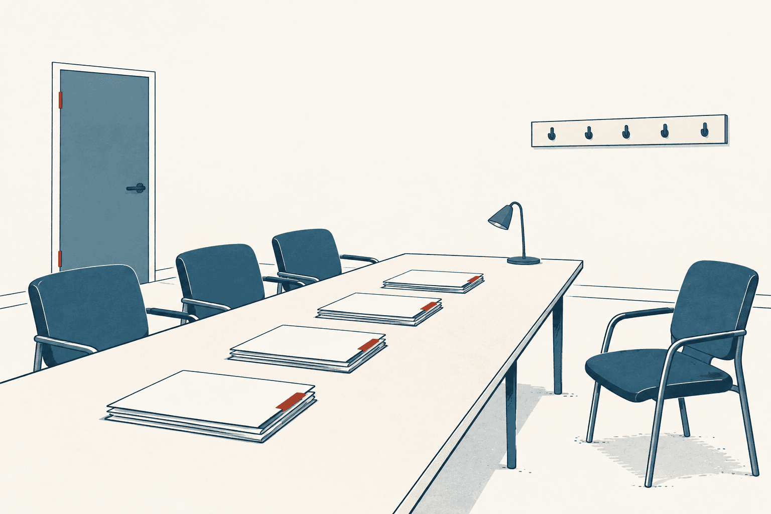 Airy cream-and-blue illustration of an empty meeting room with chairs, a long table, and four tabbed document folders.