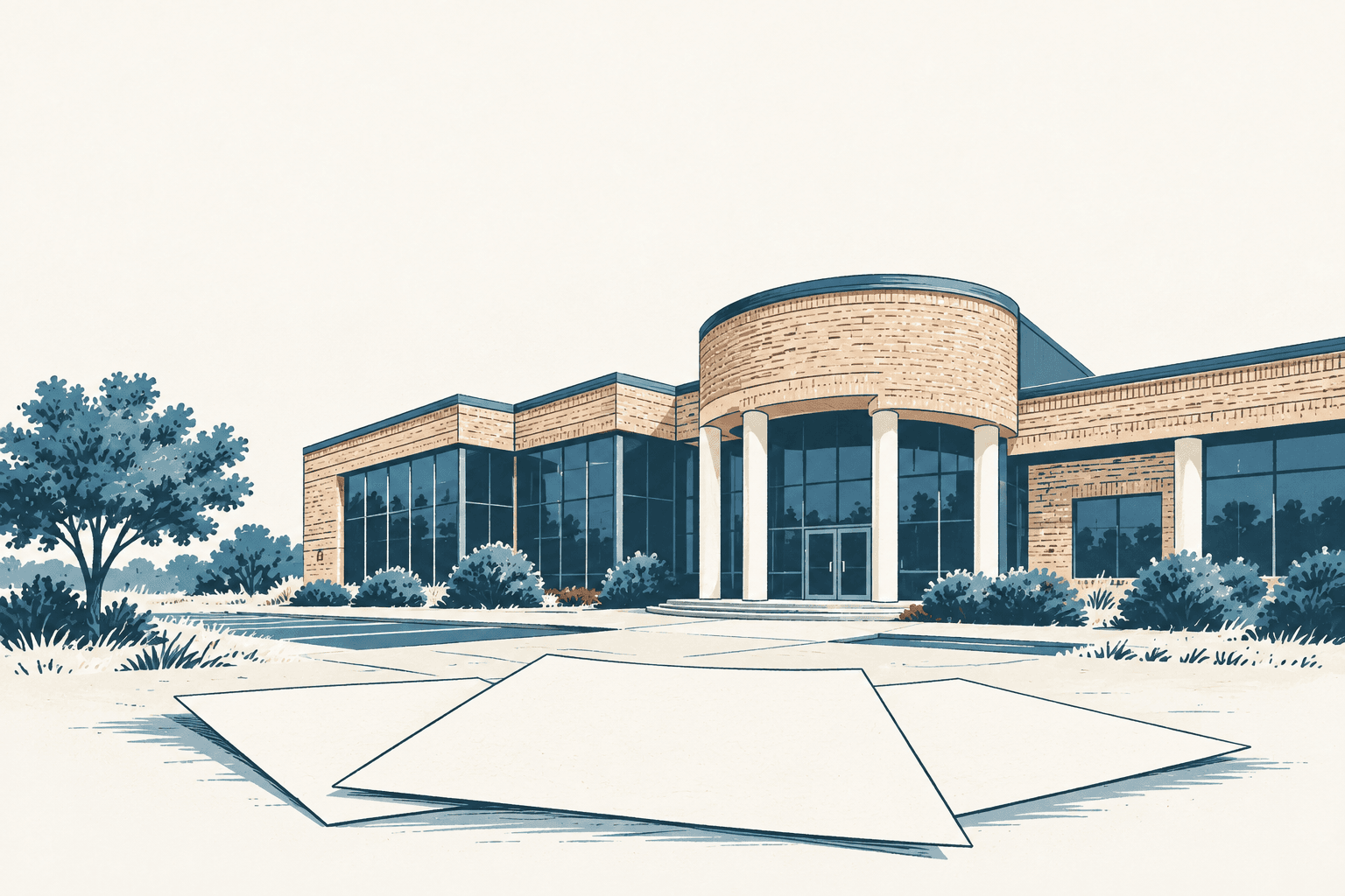 Cream and blue line illustration of a modern brick building with glass windows, shrubs, and overlapping blank sheets in the foreground.