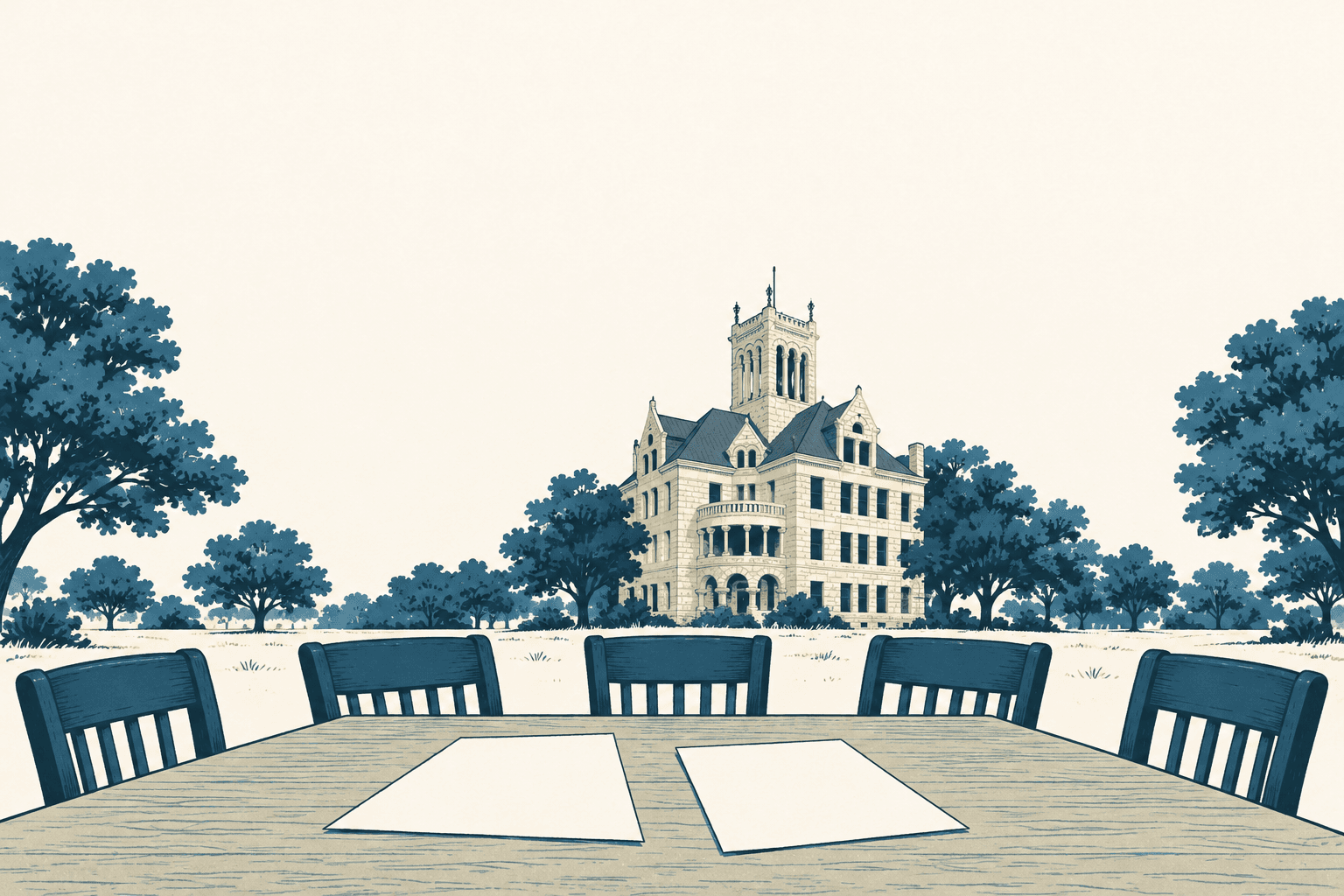 Five empty chairs surround a table with two blank sheets of paper; a courthouse and blue trees stand in the background.