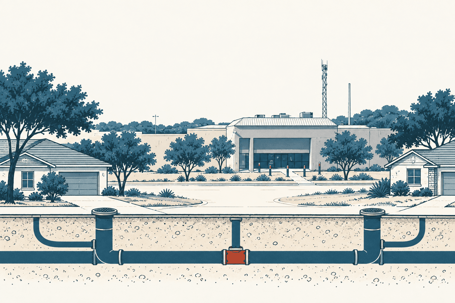 Stylized cutaway illustration of underground sewer pipes beneath a residential neighborhood and municipal utility building.