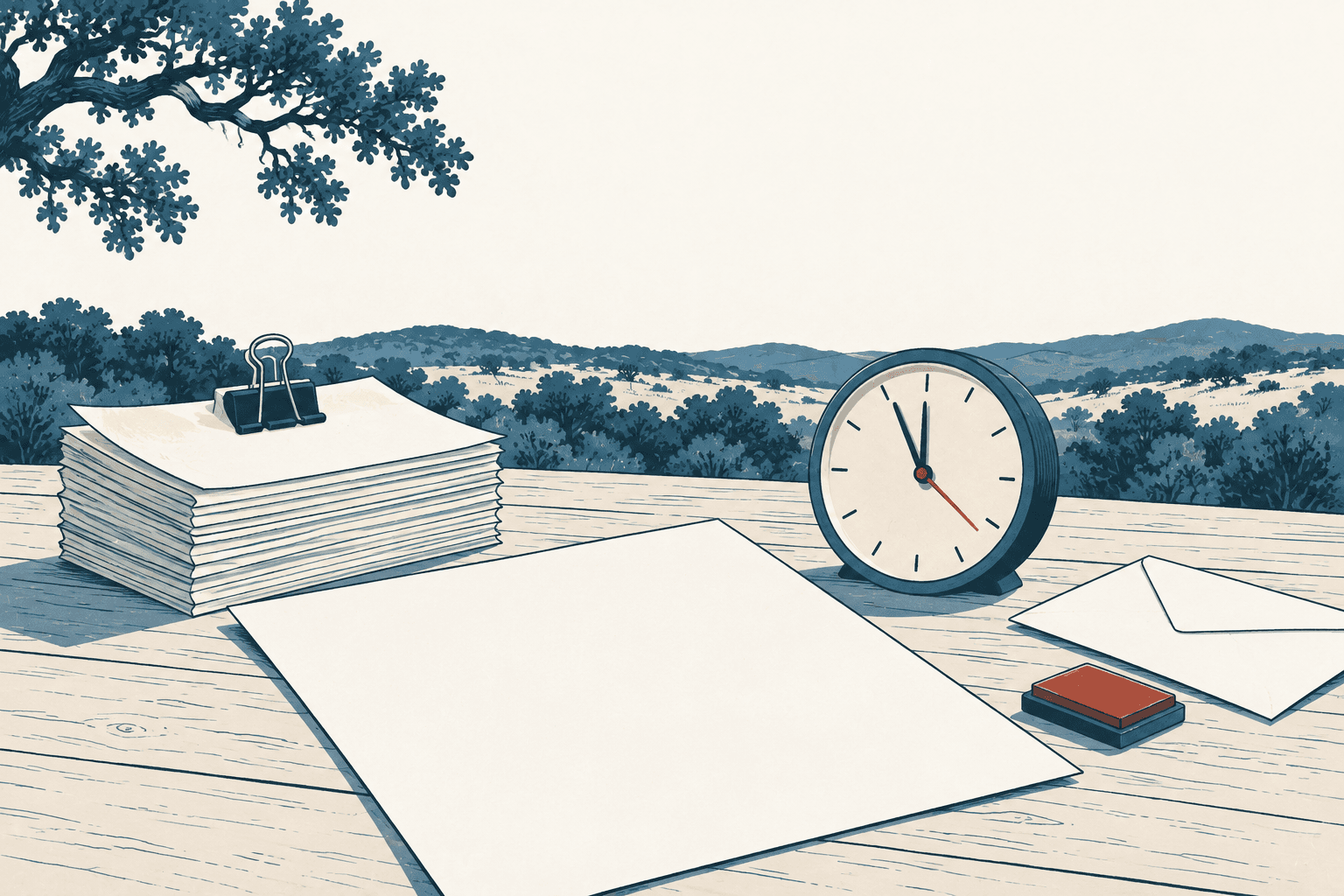 Illustration of blank permit papers, a clock, an envelope and a red stamp pad on an outdoor table overlooking muted-blue Texas hills.