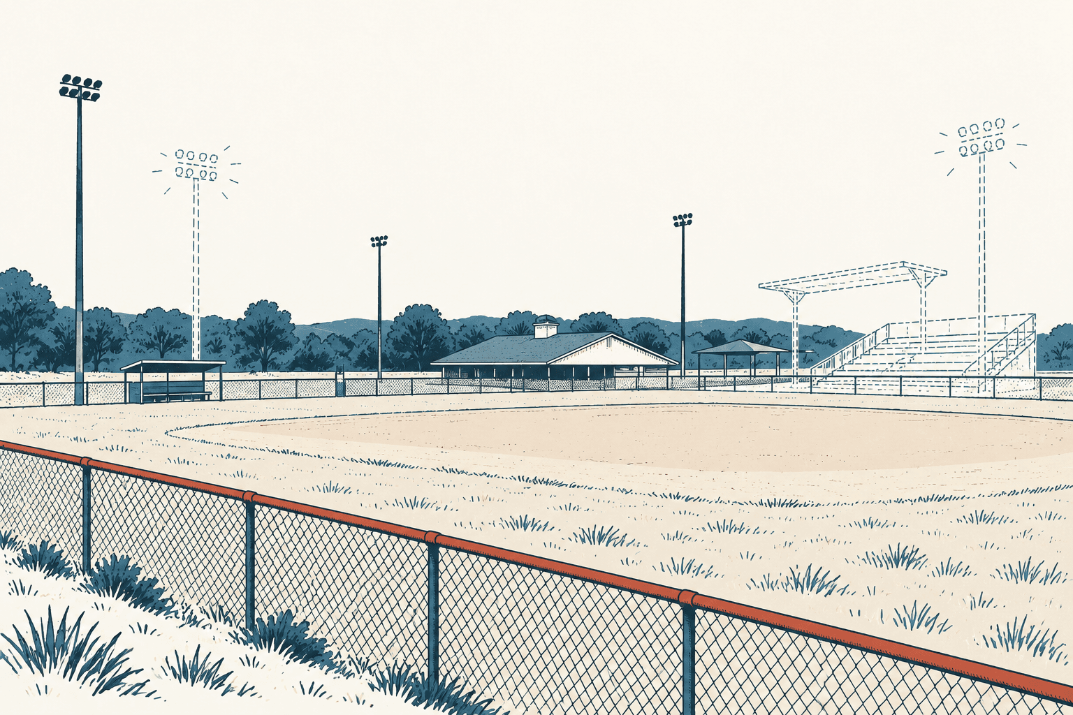 An empty sports field behind a chain-link fence, with bleachers, light poles, trees, and a low building.