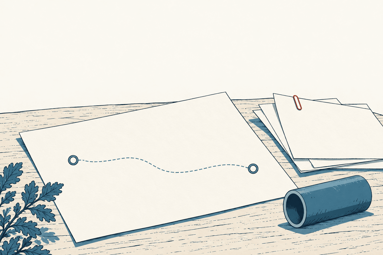 A blue pipe lies beside blank papers with a dotted line, on a pale wood surface.